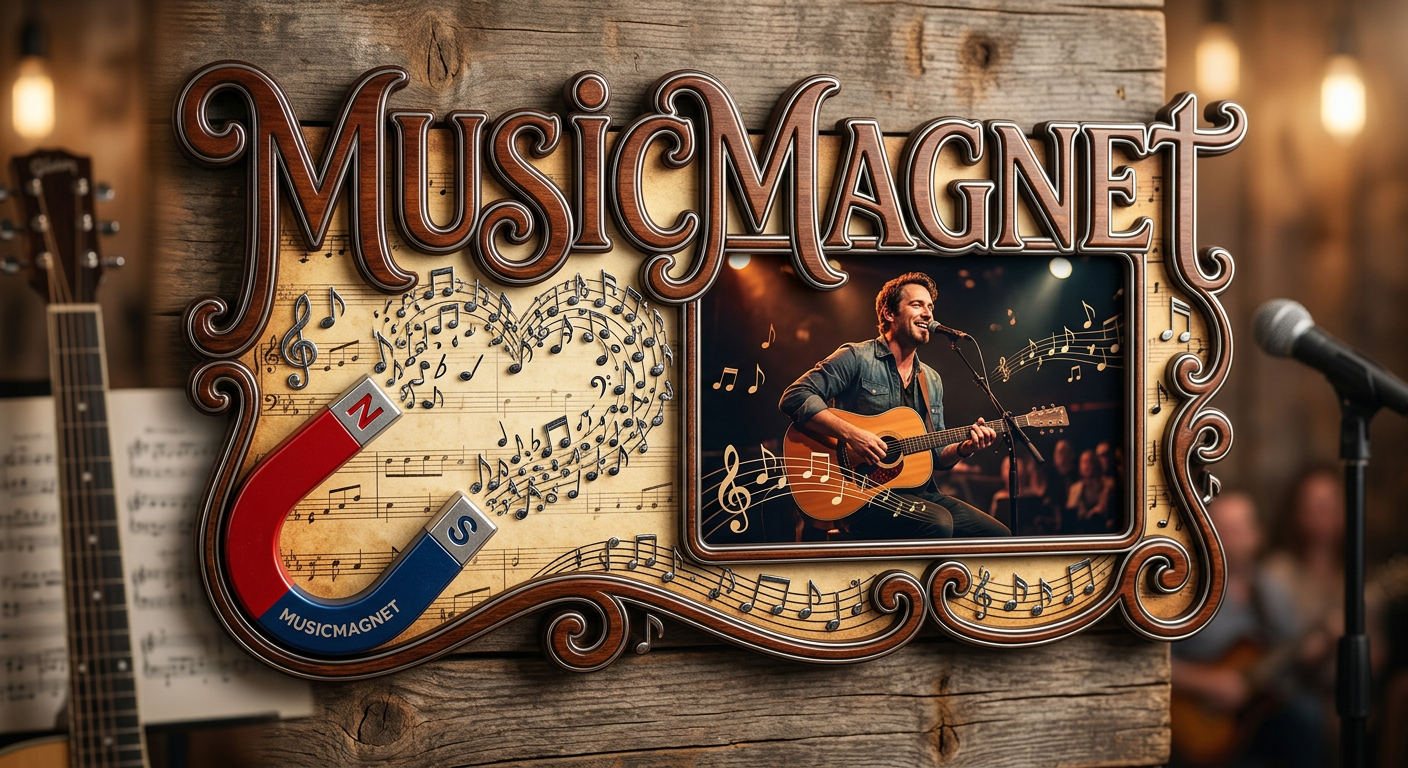 Sign that reads 'Music Magnet' with a horseshoe magnet, musical notes, and a photo of a man playing guitar and singing on stage.