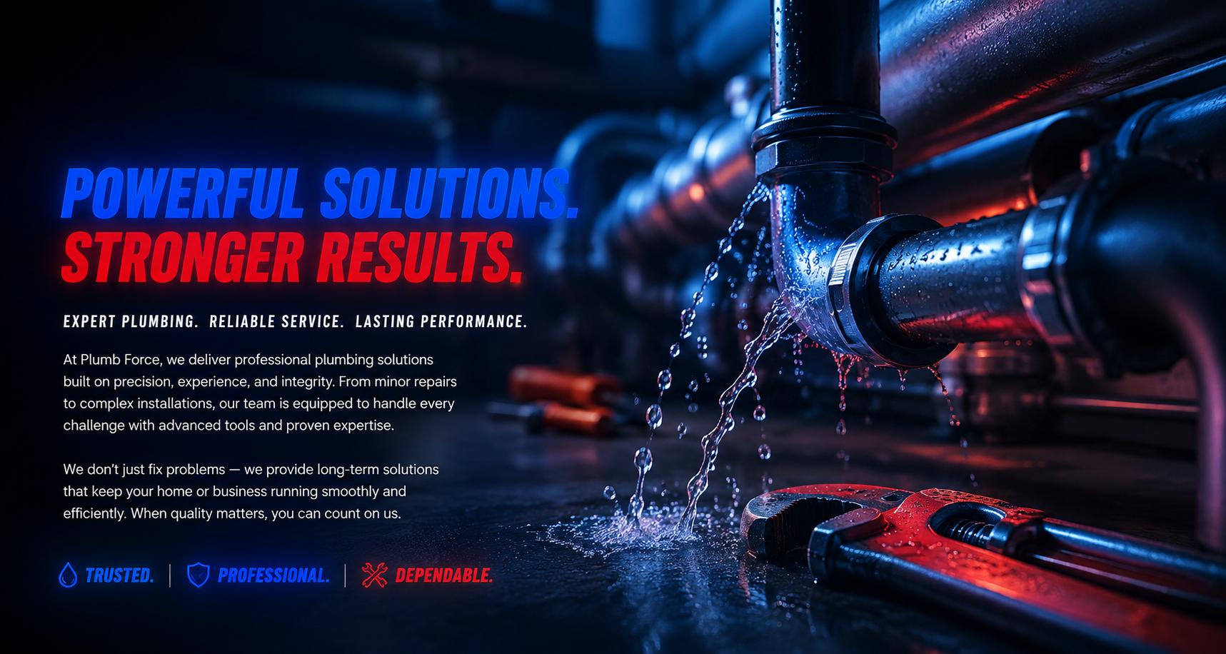 Close-up of plumbing pipes with water dripping, and plumbing tools on a dark background with bold text highlighting plumbing services.