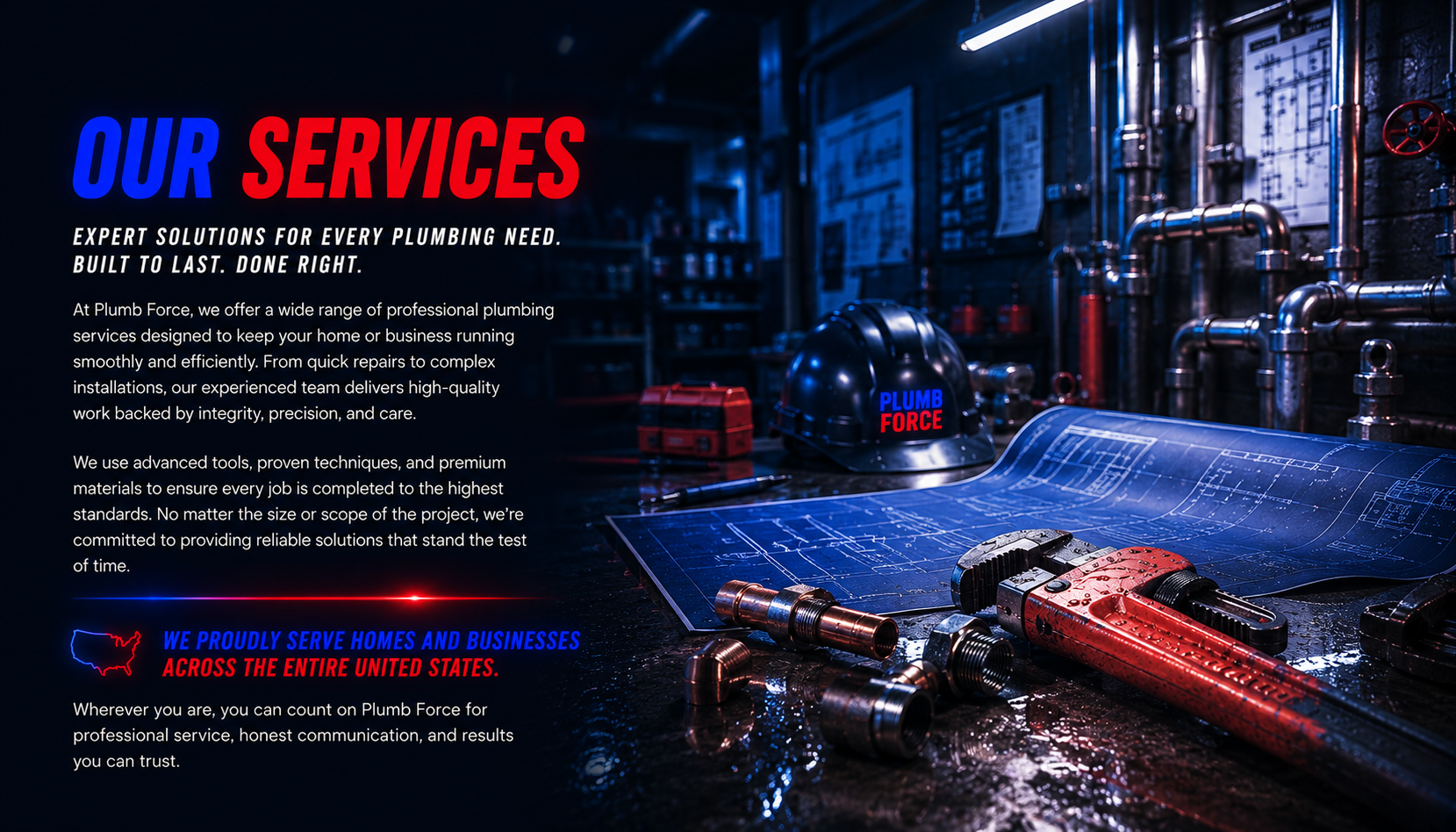 Promotional image for Plumb Force, showcasing plumbing tools, blueprint, hard hat, and pipes on a workbench in a dark, industrial setting. The text highlights their plumbing services across the United States.