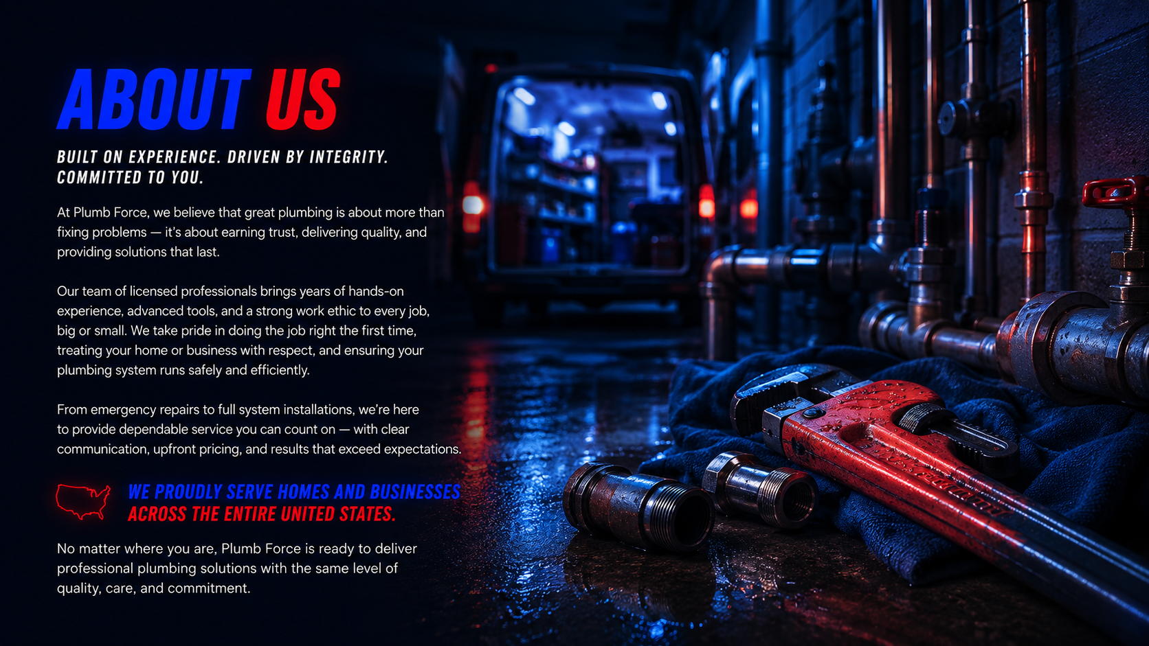 Plumber's tools and pipes in a workshop with blue and red lighting, focusing on pipe fittings and a pipe wrench.