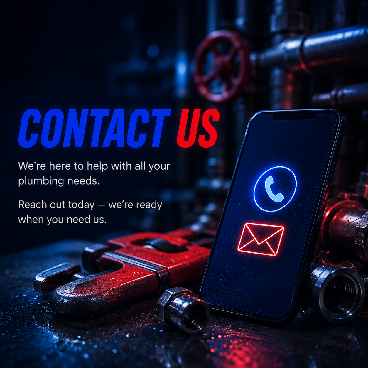 A phone with icons for phone call and email on the screen, placed among plumbing pipes and fittings in a dimly lit industrial setting, with text indicating contact for plumbing services.