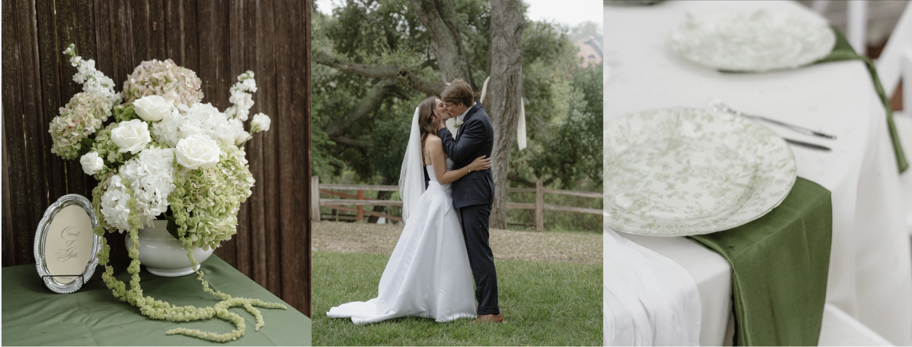 A three-panel image showing a floral arrangement with white and green flowers on the left, a bride and groom kissing outdoors in the middle, and a table setting with white plates, a green napkin, and silverware on the right.