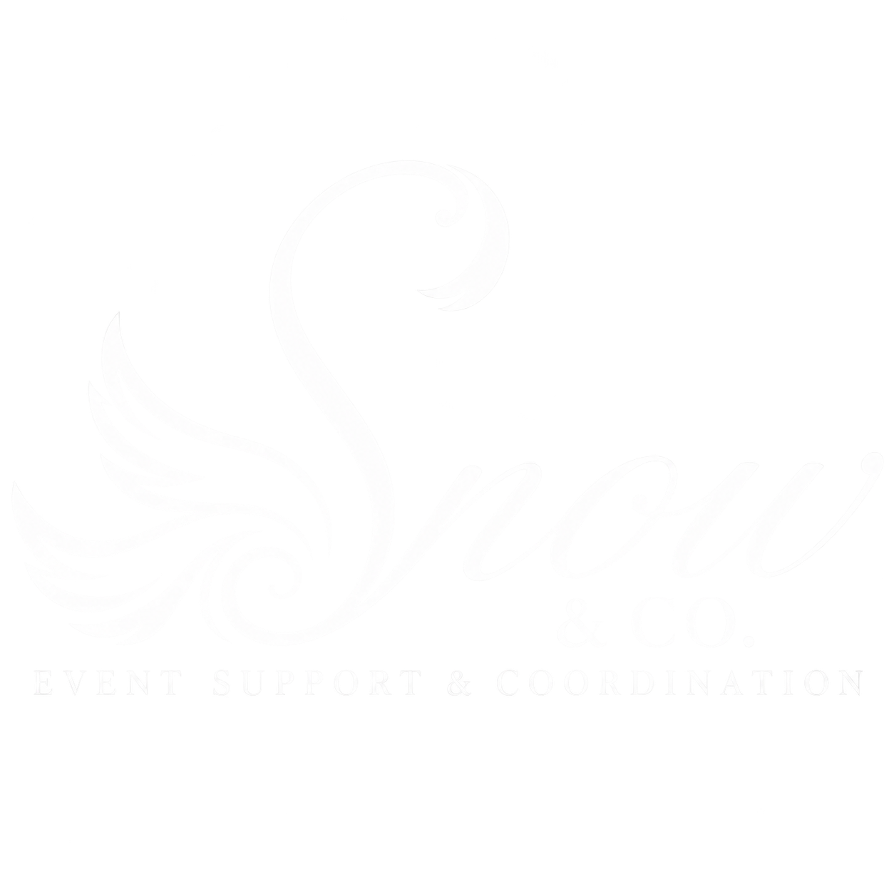 A stylized logo featuring a swan with a curly neck and feathered wing, with the word 'Swan' written in cursive script and additional text below reading 'Event Support & Coordination'.