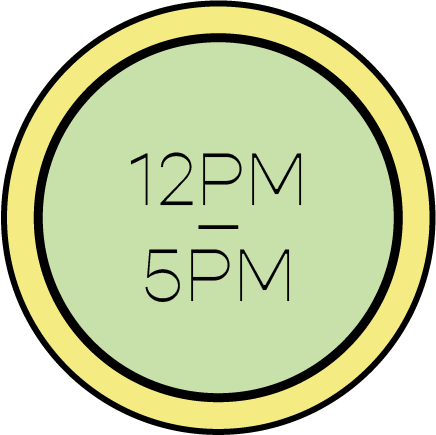Clock with a light green face displaying 12 PM and 5 PM, bordered by a yellow ring.