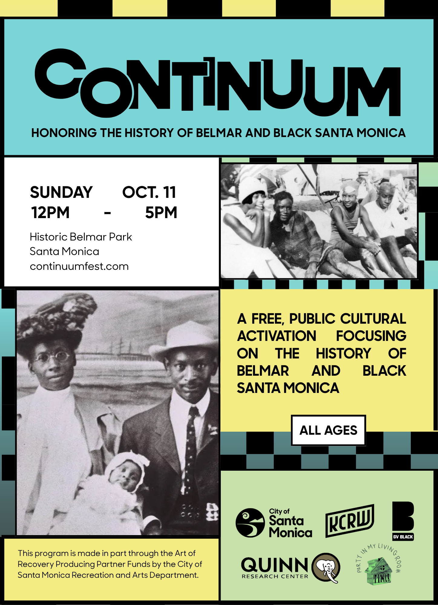 Flyer for the event 'Continuum' honoring the history of Belmar and Black Santa Monica, scheduled for Sunday, October 11, from 12 PM to 5 PM at Historic Belmar Park, Santa Monica. The flyer features black and white vintage photographs of Black individuals, with logos of the City of Santa Monica, KCRW, Quinn Research Center, and other sponsors. The flyer emphasizes that the event is free and open to all ages, highlighting public cultural activation.
