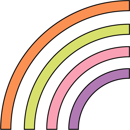 Colorful rainbow with five bands in orange, green, pink, purple, and lavender outlined in black.