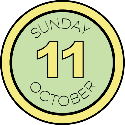 A circular date icon with a yellow border, light green background, displaying 'Sunday 11 October' in black and yellow text.