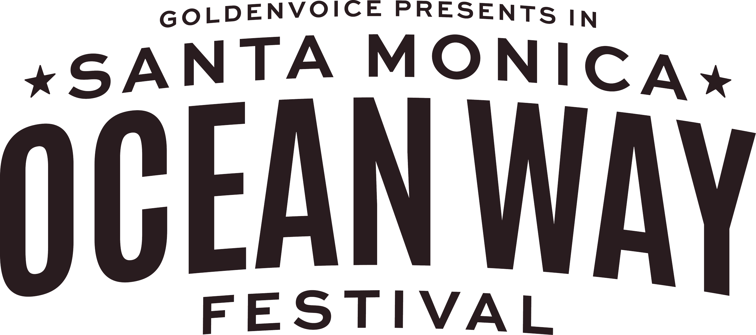 Black text with the words 'Golden Voice presents in Santa Monica Folklaw Festival' arranged in a playful, curved style, with a few star icons.