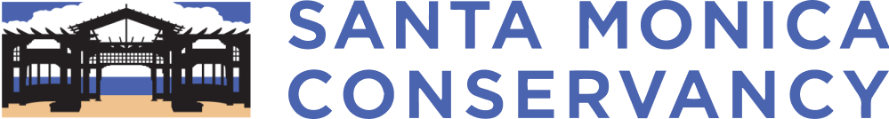 Logo of Santa Monica Conservancy with a black and white illustration of a historic building and blue text.