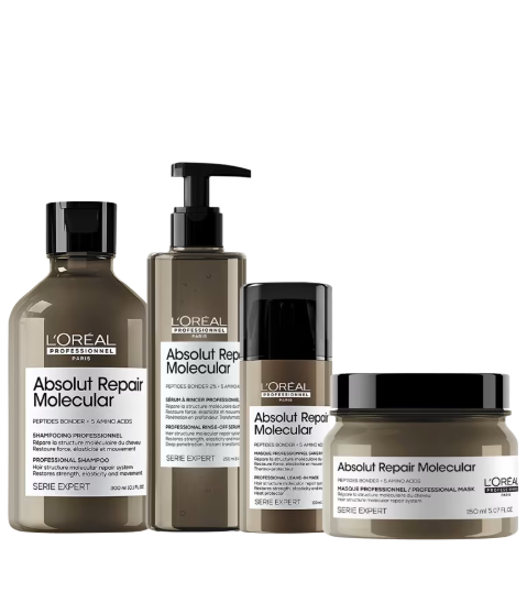 Collection of four L'Oréal Professionnel Absolut Repair Molecular hair care products, including shampoo, conditioner, serum, and mask, on a white surface against a black background.