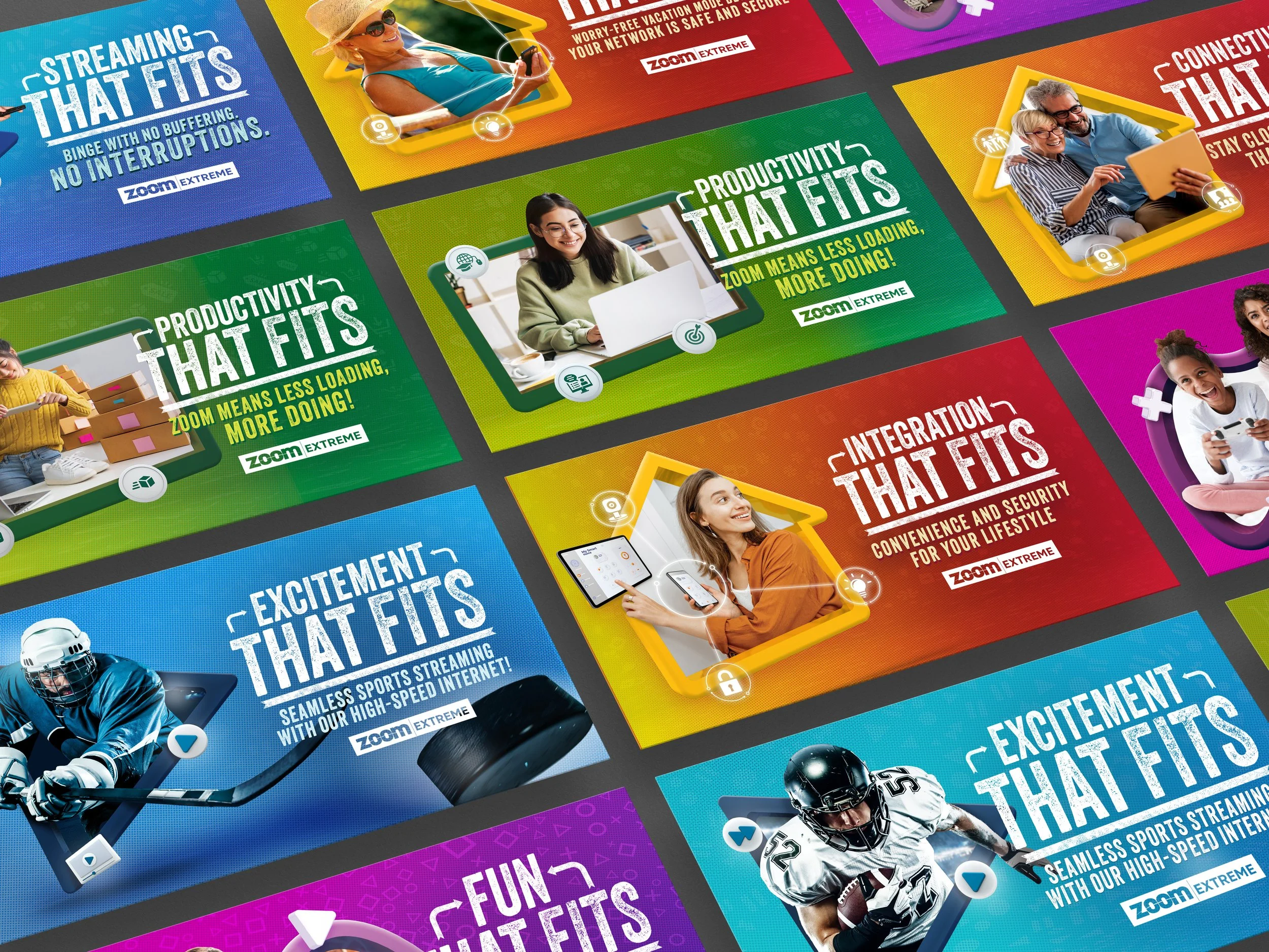 A colorful collage of promotional posters for Zoom Extreme, highlighting features like seamless sports streaming, reduced lag, productivity, fun, excitement, and security through various images including a woman at the beach using her phone, a woman with a laptop, a couple with a tablet, a child playing with toys, a hockey player, and a woman with a gaming controller.