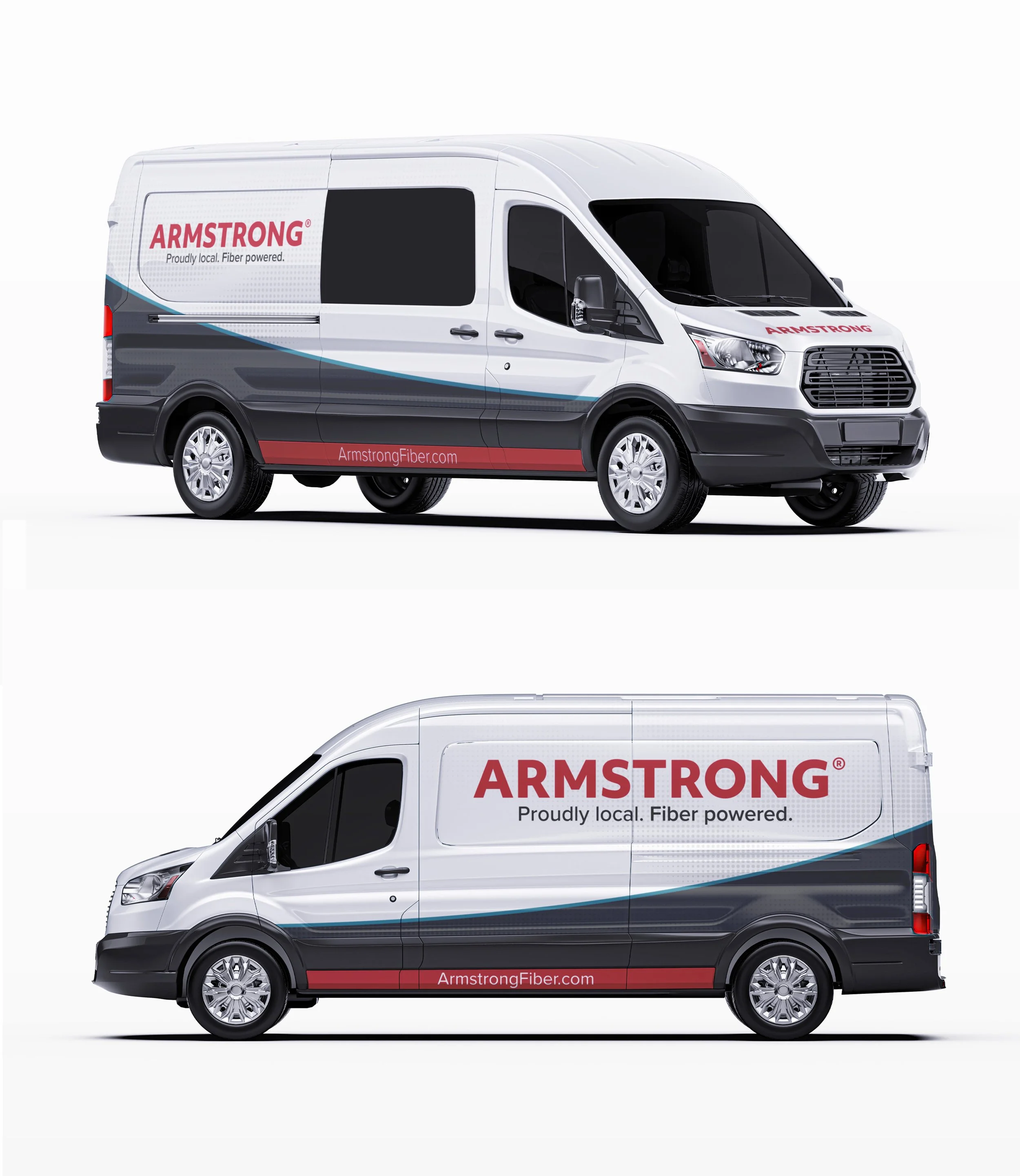 Side view of a white Armstrongfiber delivery van with black, red, and blue graphics, and the website ArmstrongFiber.com on the side, showing fiber-powered technology.