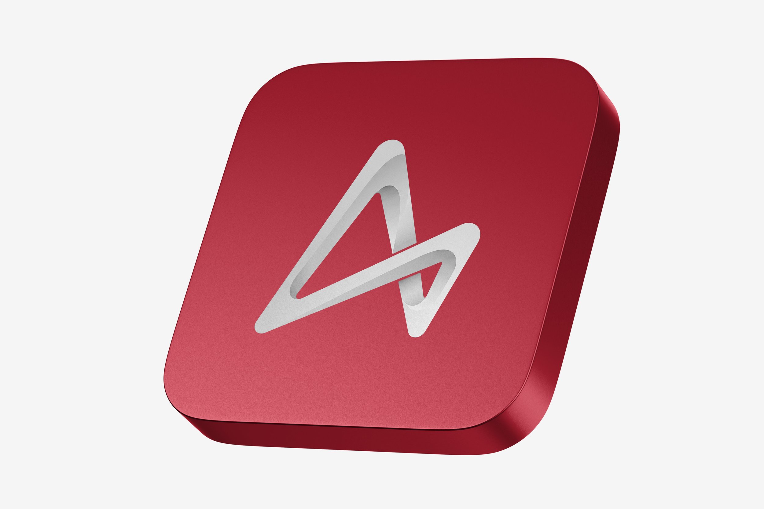 Red square icon with white stylized play button in the center.