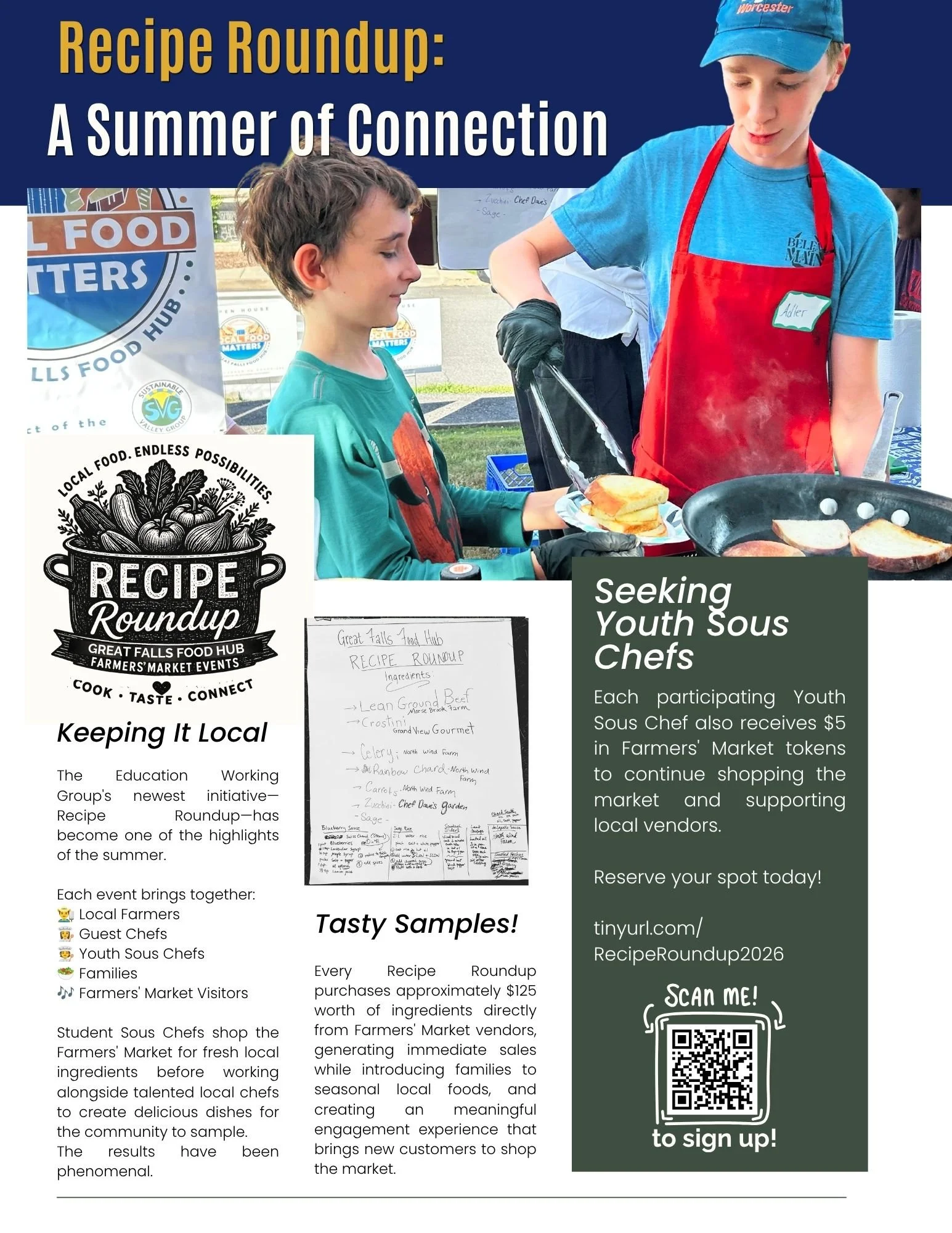 Flyer for a summer food event called 'Recipe Roundup' at the Great Falls Food Hub, promoting local farmers, guest chefs, youth sous chefs, and families. The flyer features a photo of a young boy and a teenage boy cooking together at an outdoor market