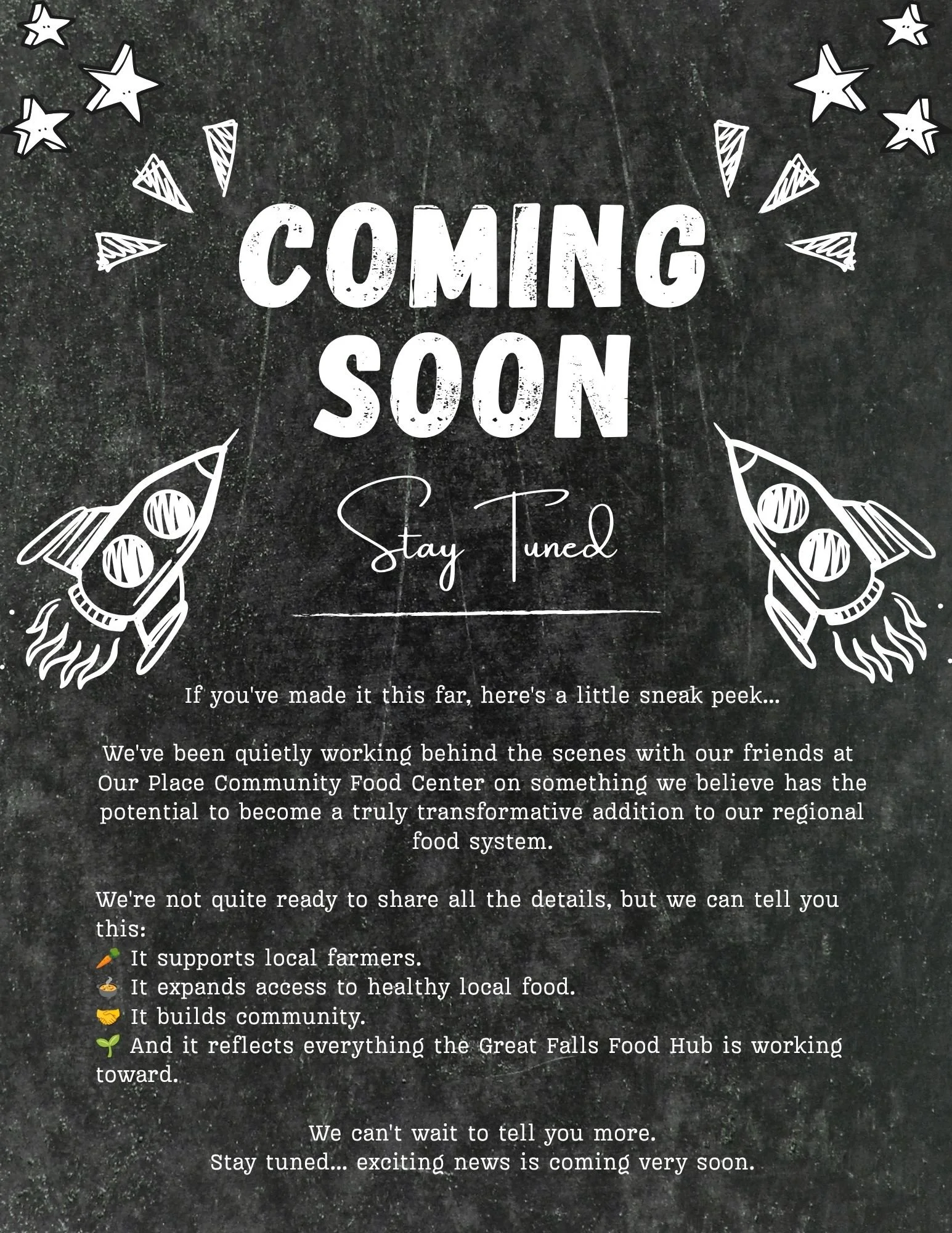 A chalkboard with the words 'COMING SOON' written in large white letters, surrounded by drawings of rockets, stars, and confetti, and the phrase 'Stay Tuned' written below.
