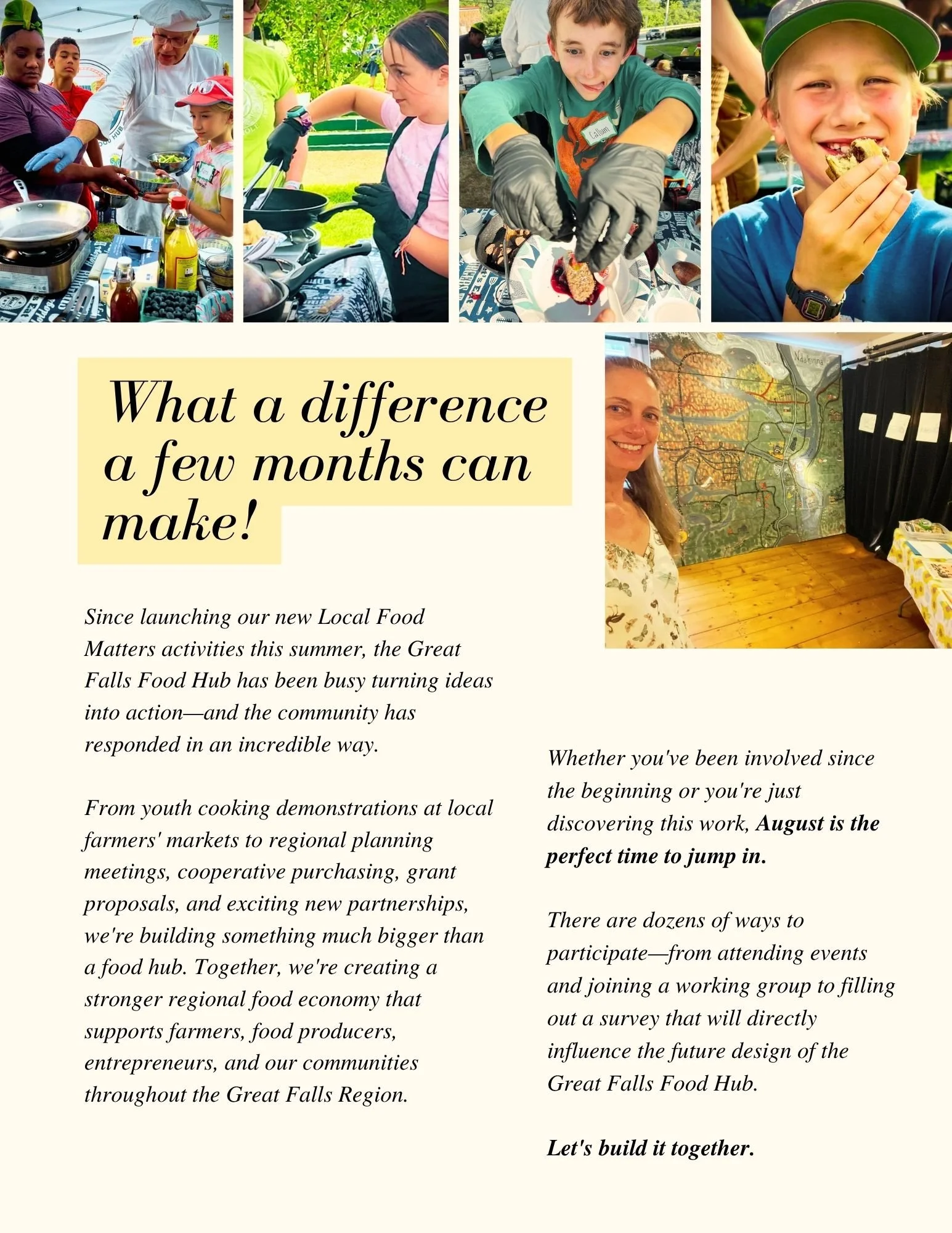 A collage of four photos showing children and adults participating in outdoor food-related activities and a woman smiling in front of a map at an indoor event, with text about community food initiatives.