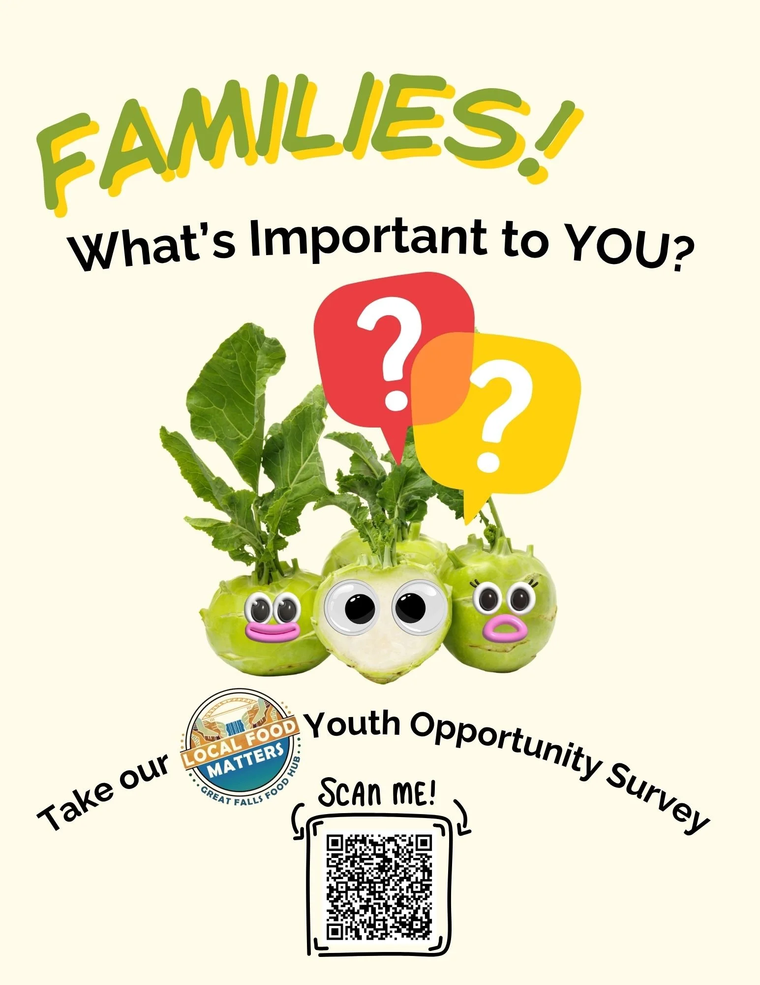 Flyer promoting a youth survey about local food issues. Features cartoon-style eyes on green vegetables, colorful speech bubbles with question marks, a QR code for scanning, and a logo for a food and hub organization.