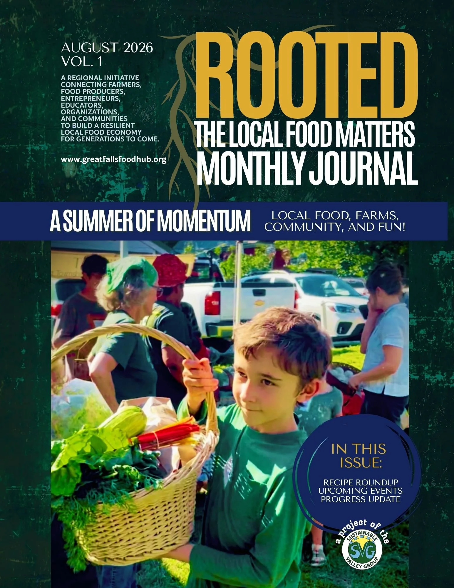 A young boy wearing a green hoodie holds a large basket filled with fresh green vegetables at an outdoor market, with other people visible in the background.