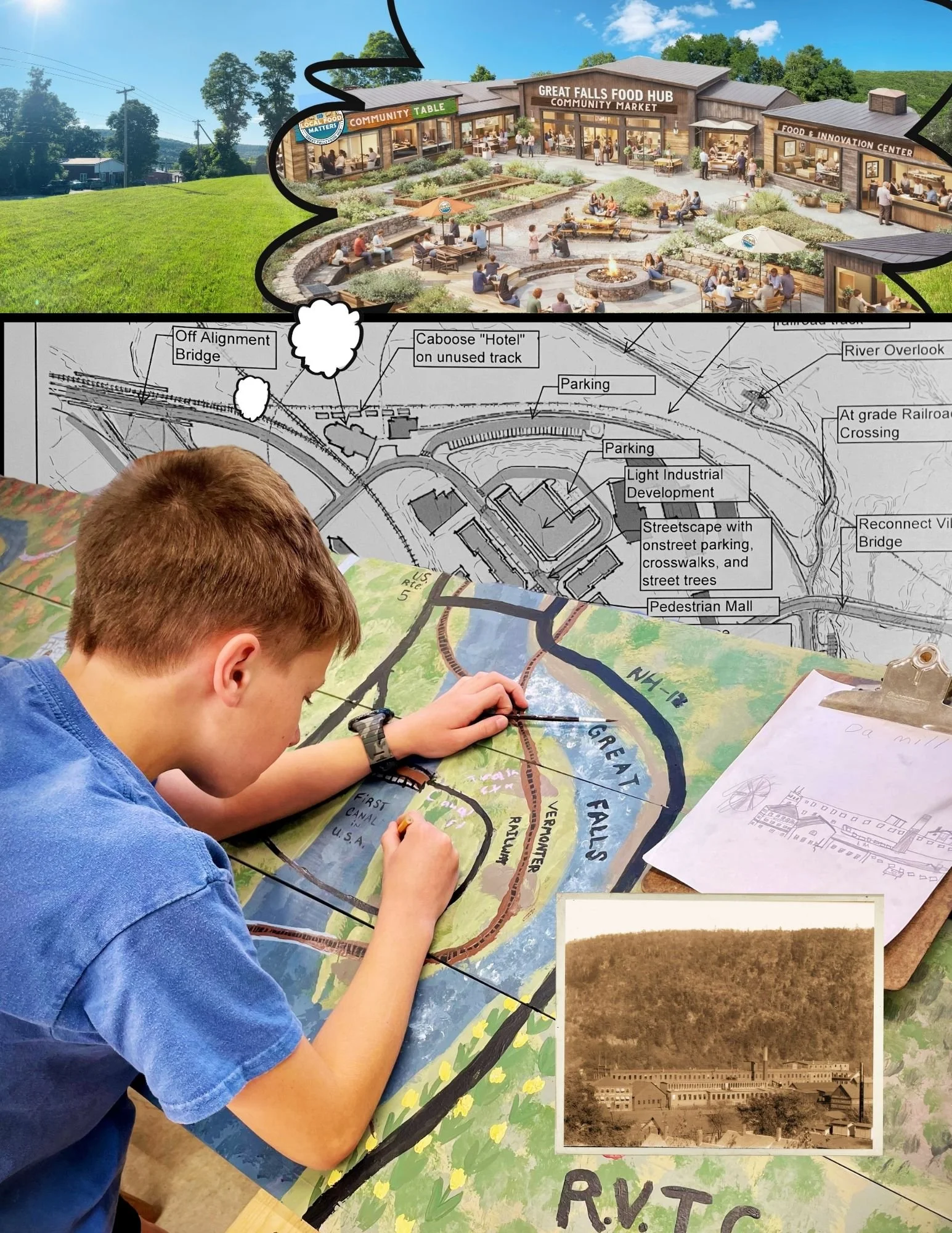 A person coloring a map that depicts a river with surrounding land, infrastructure, and development projects, with architectural sketches and plans visible nearby.