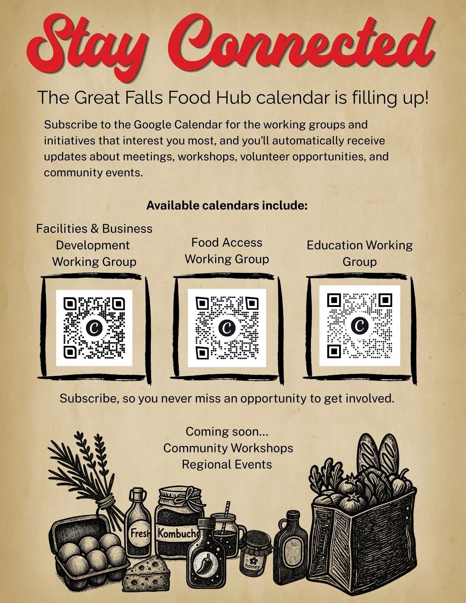 Text promoting staying connected to the Great Falls Food Hub with QR codes for different working groups and upcoming community events, including illustrations of food items and herbs.