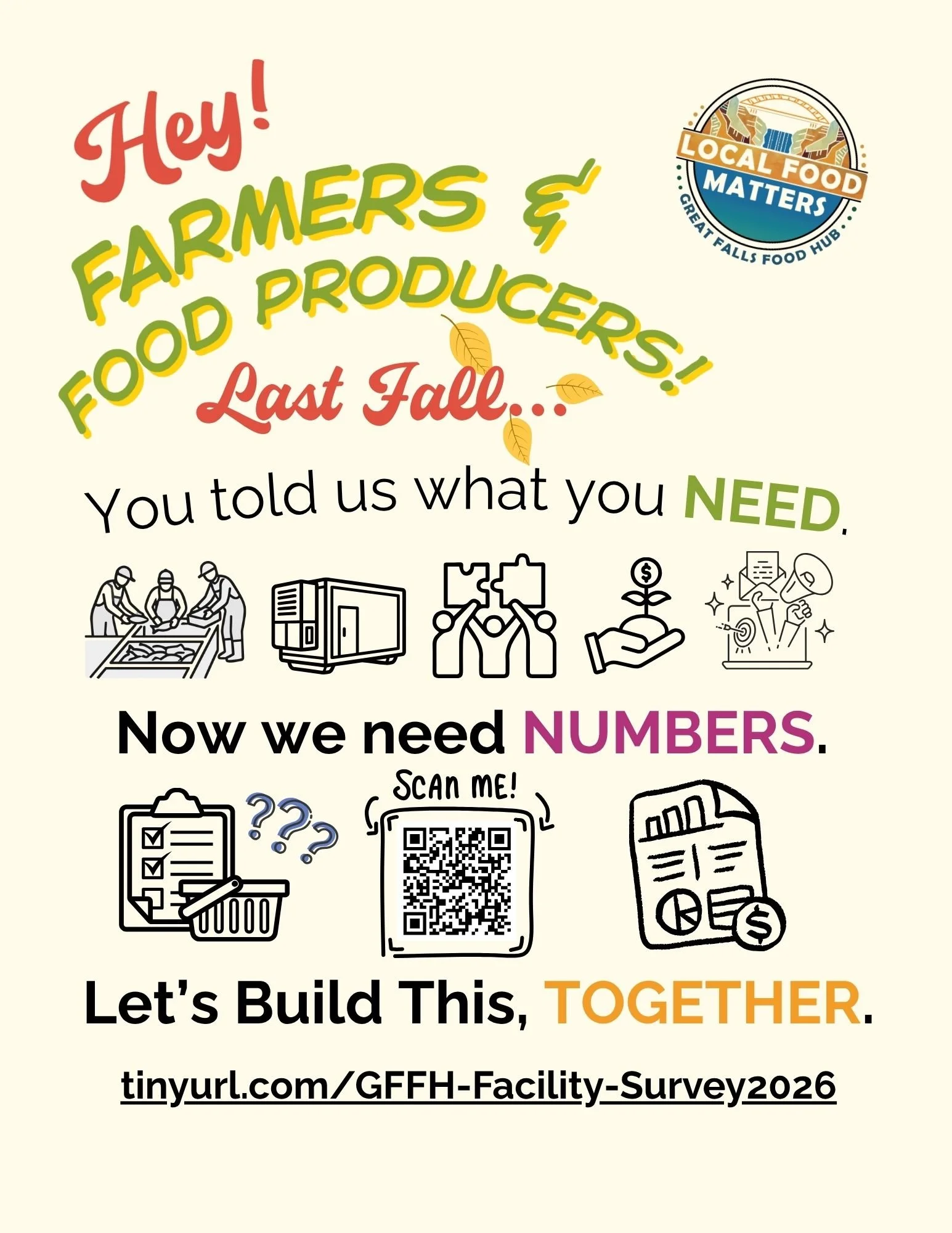 A promotional poster for a local food farmers and food producers survey, encouraging community participation with text, illustrations, a QR code, and a website link for more information.