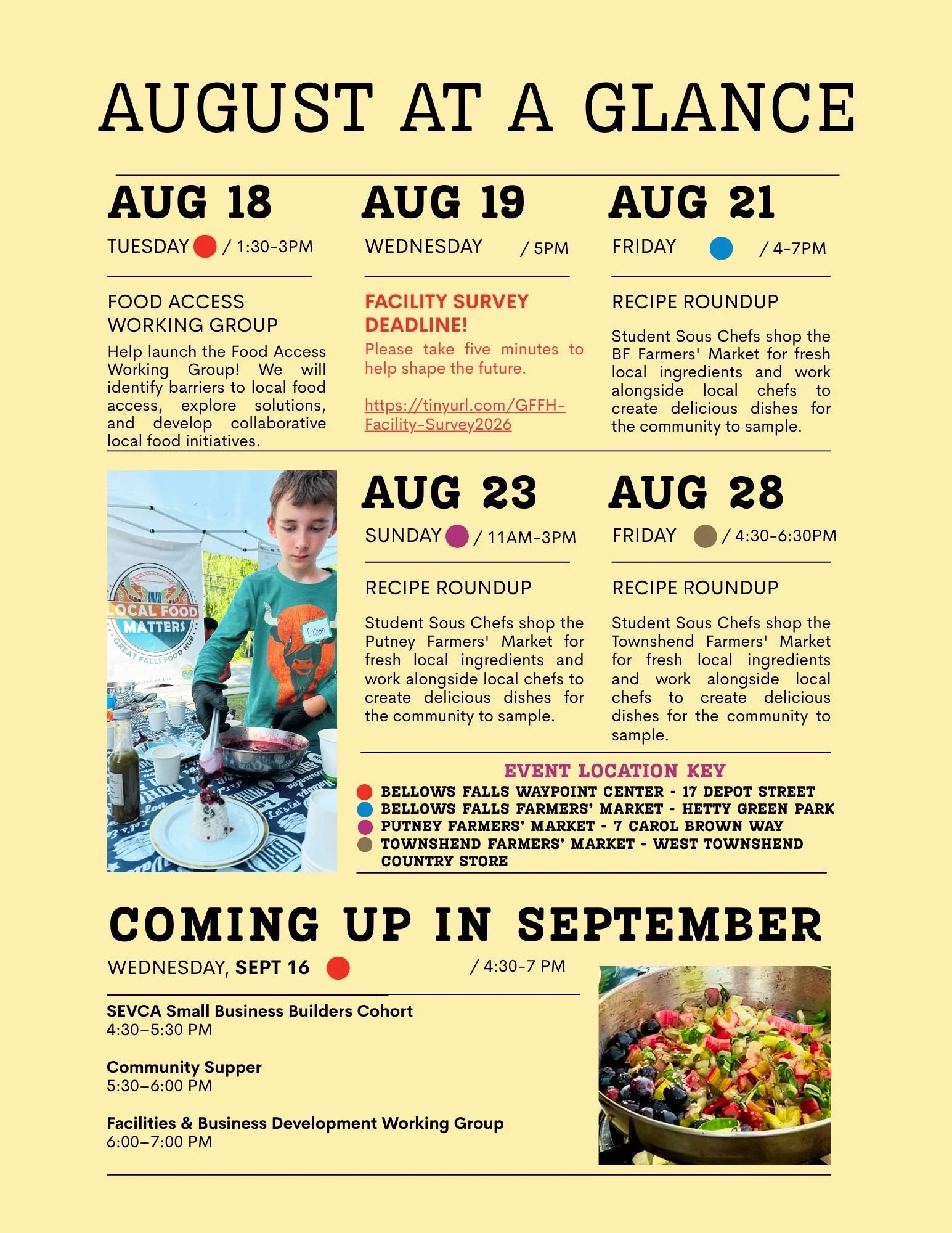 Monthly schedule of community events in August and September, including food access, surveys, recipe roundups, and community suppers at various local farms and markets, accompanied by a photo of a child serving food at an outdoor event.