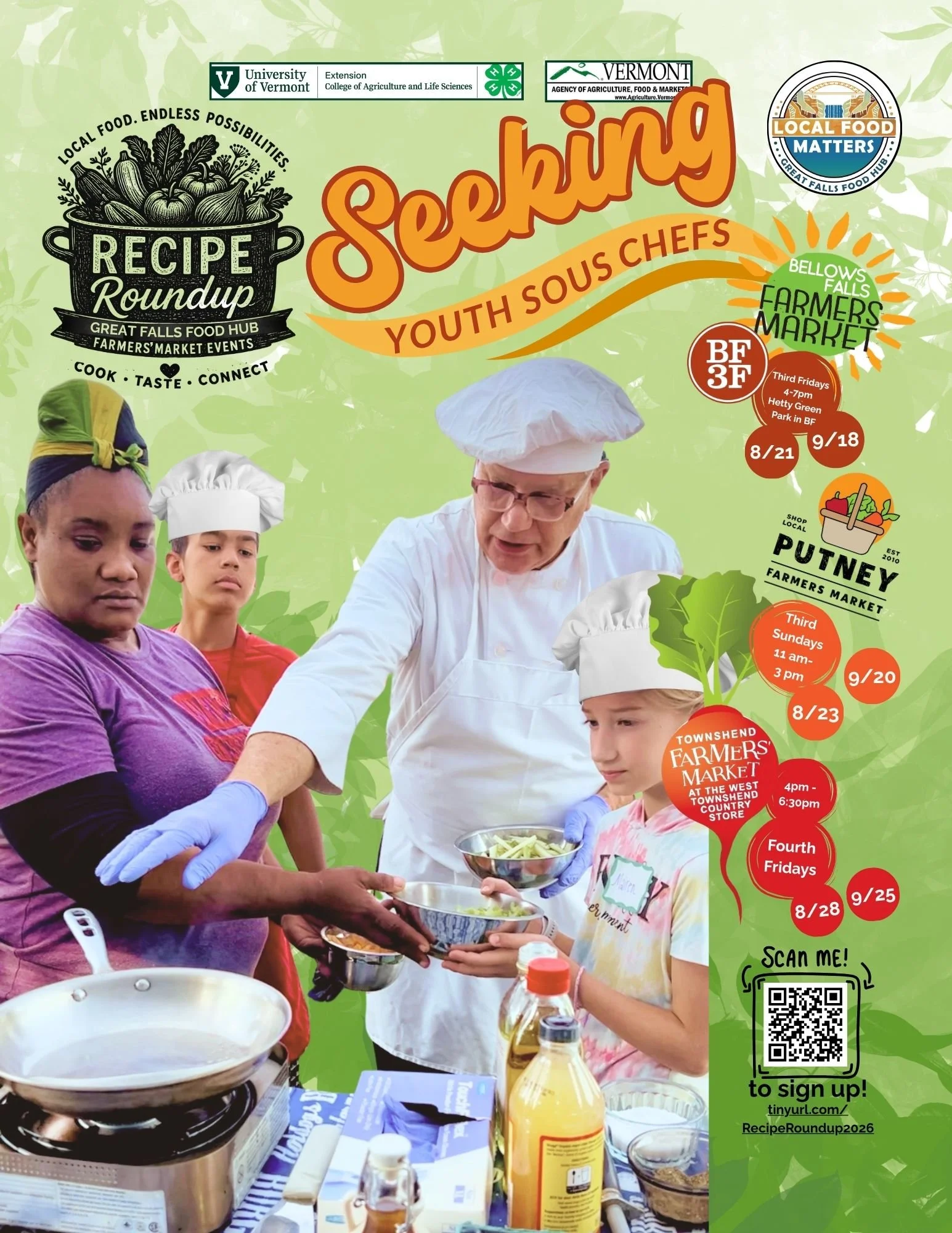 People cooking and serving food at a community event, with various ingredients, cooking utensils, and promotional signage for a youth sous chefs program.