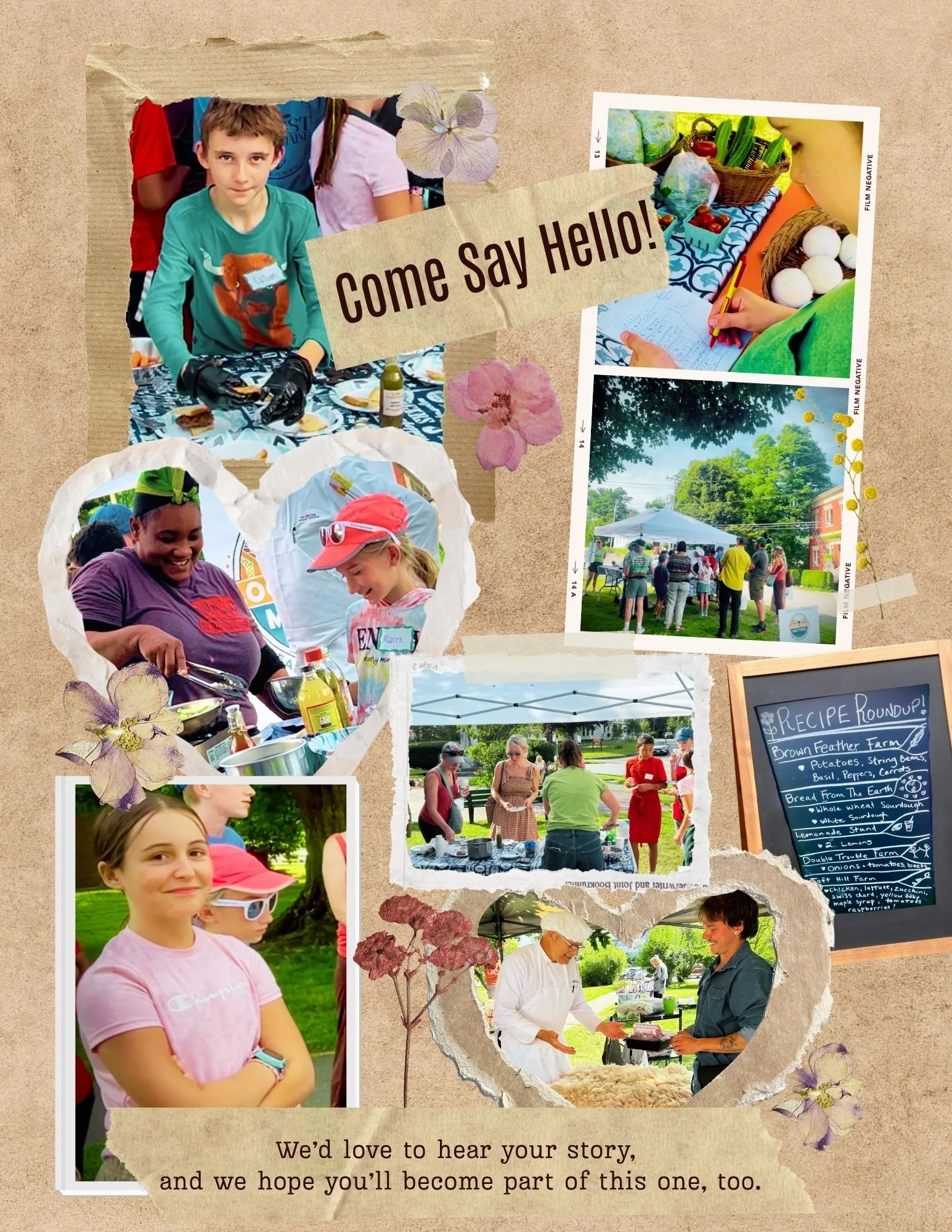 A collage of photos from a community outdoor event. Includes children and adults engaging in activities, a food stall, a crowd, and a handwritten recipe board. Decorative flowers and torn paper effects are used in the collage.