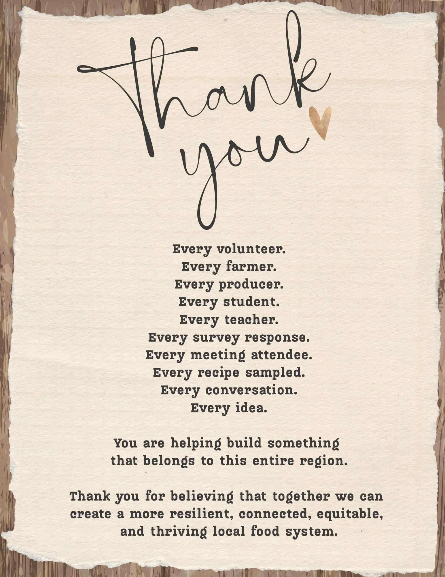 A thank you note on a piece of paper with a rustic wooden border. The note expresses gratitude towards various community members and encourages building a resilient, connected, and sustainable local food system.