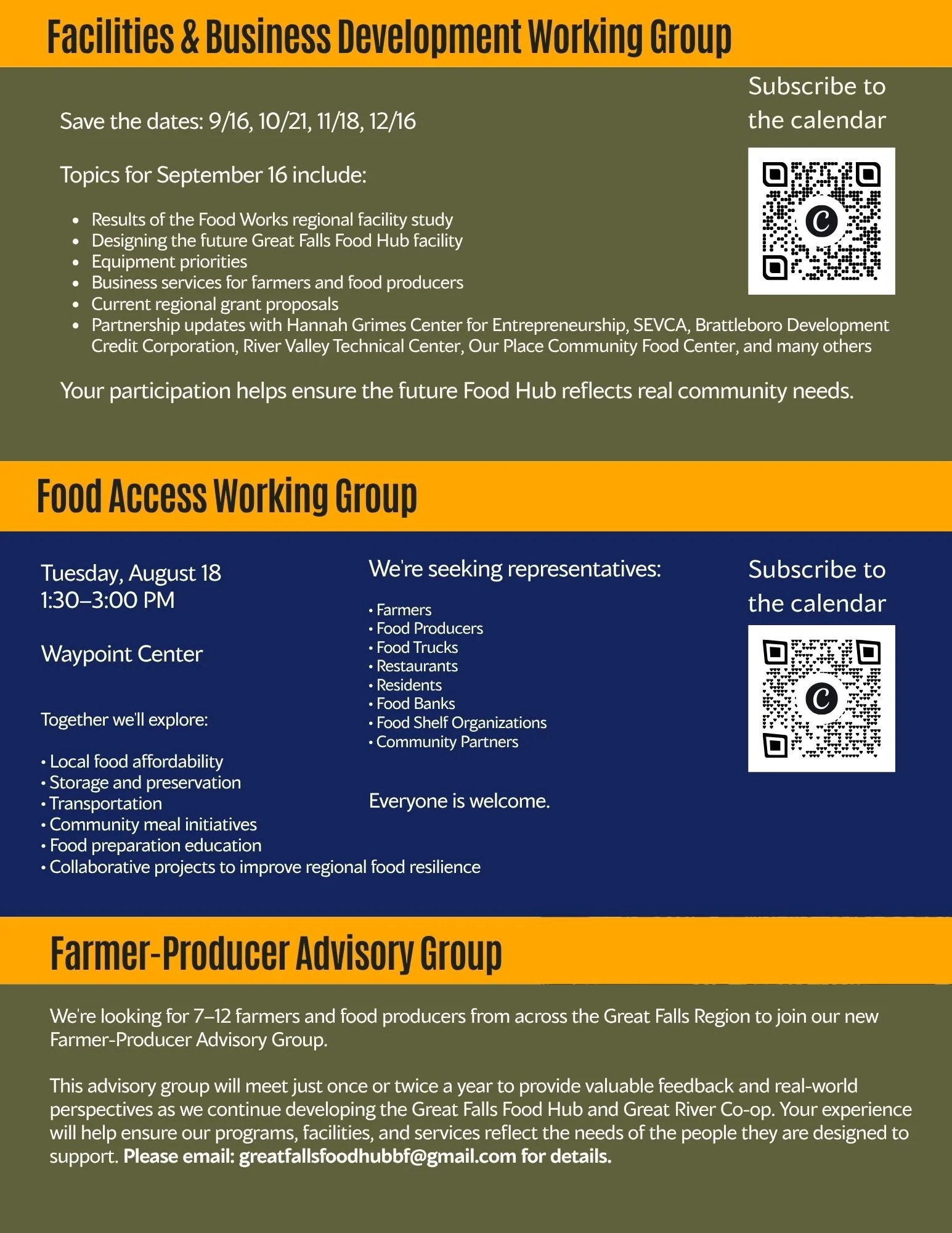 Image is a set of informational posters about community groups and upcoming meetings. The first section, titled 'Facilities & Business Development Working Group,' includes a list of topics for September 16, dates to save, and a QR code for subscribin