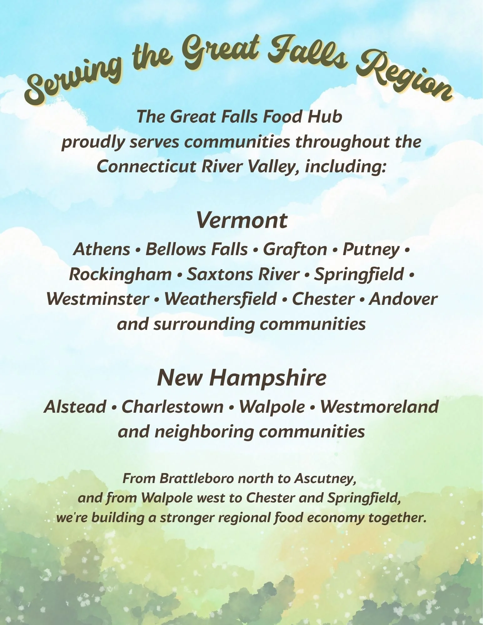 A colorful informational poster with a sky and clouds background. The text promotes serving the Great Falls region through the Great Falls Food Hub, listing various towns in Vermont and New Hampshire, with a focus on building a regional food economy.