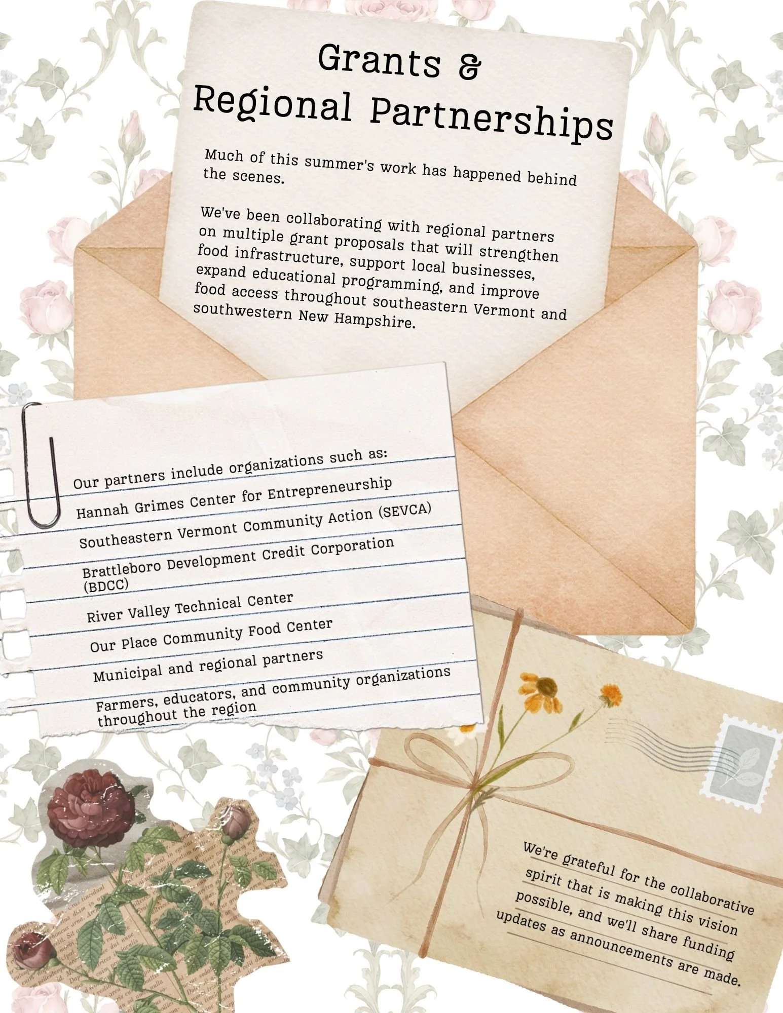 A collage of floral-themed papers with notes about grants and regional partnerships, featuring flowers like roses and daisies, and handwritten documents expressing gratitude for collaboration and funding updates.