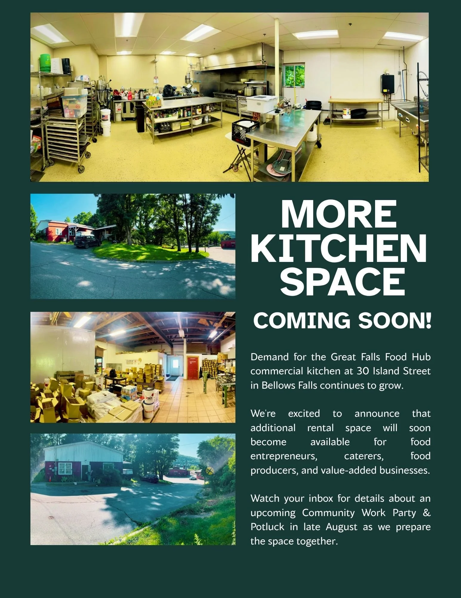 Flyer for upcoming community kitchen space and event at 30 Island Street in Bellows Falls, featuring images of the kitchen, exterior of the building, and surrounding area.