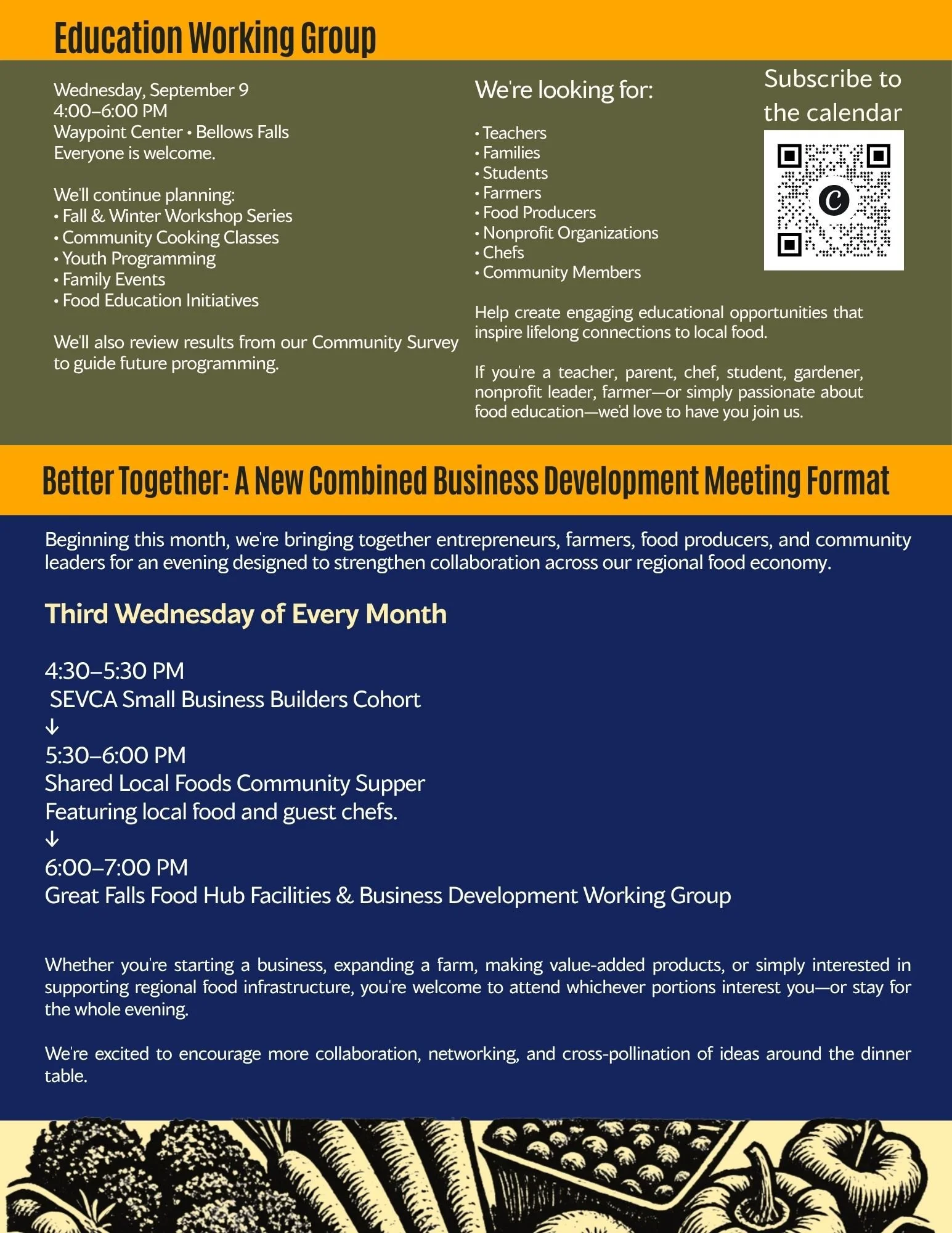 Post with information about a community food and business development event. The upper portion has details about upcoming meetings, including dates, times, locations, and agendas related to food, farming, and local food infrastructure. The lower sect