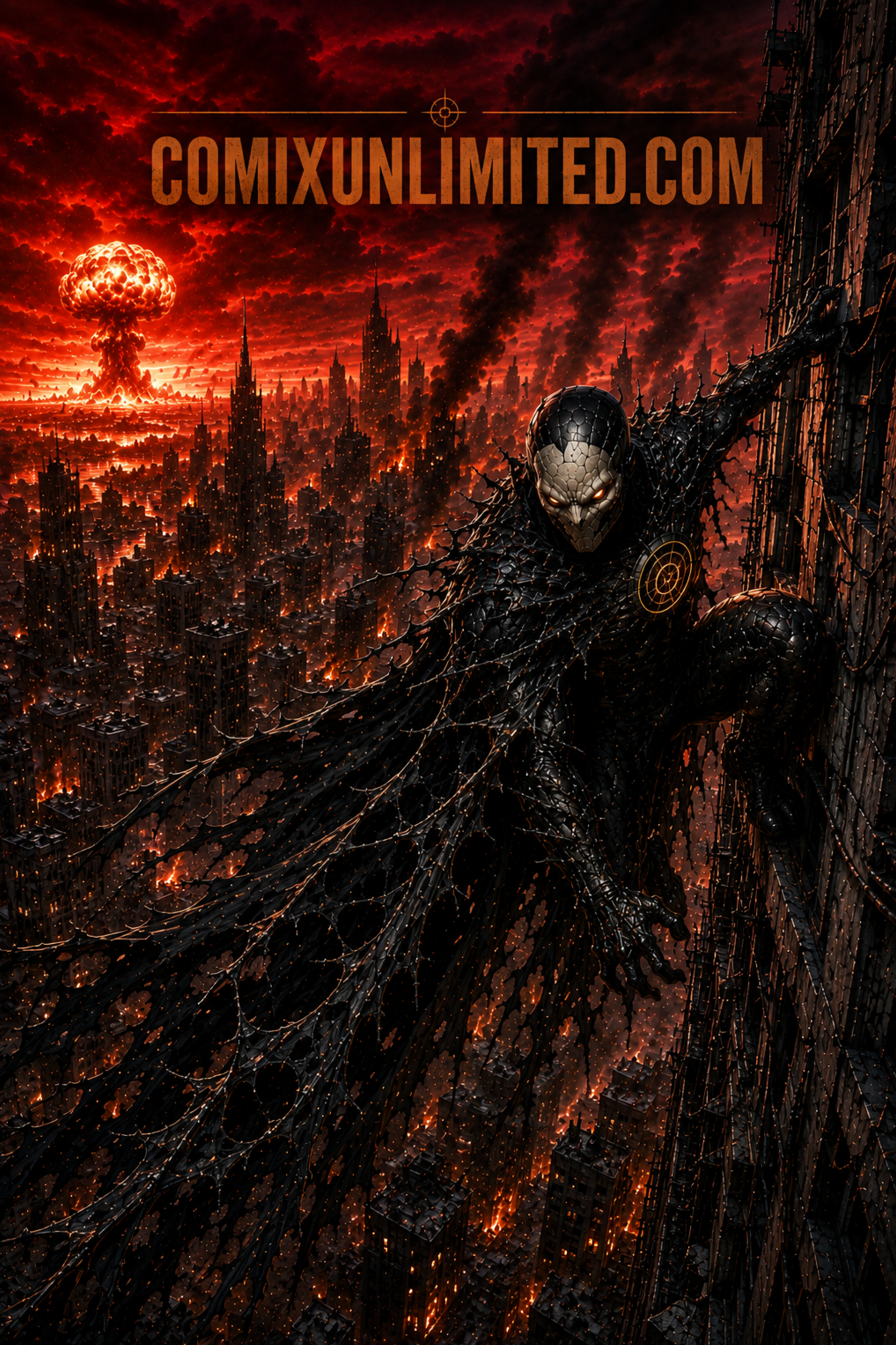 A dark, apocalyptic cityscape with a giant spider-like creature climbing a building in the foreground. In the distance, a nuclear explosion with a mushroom cloud and a fiery, red sky filled with smoke and clouds.