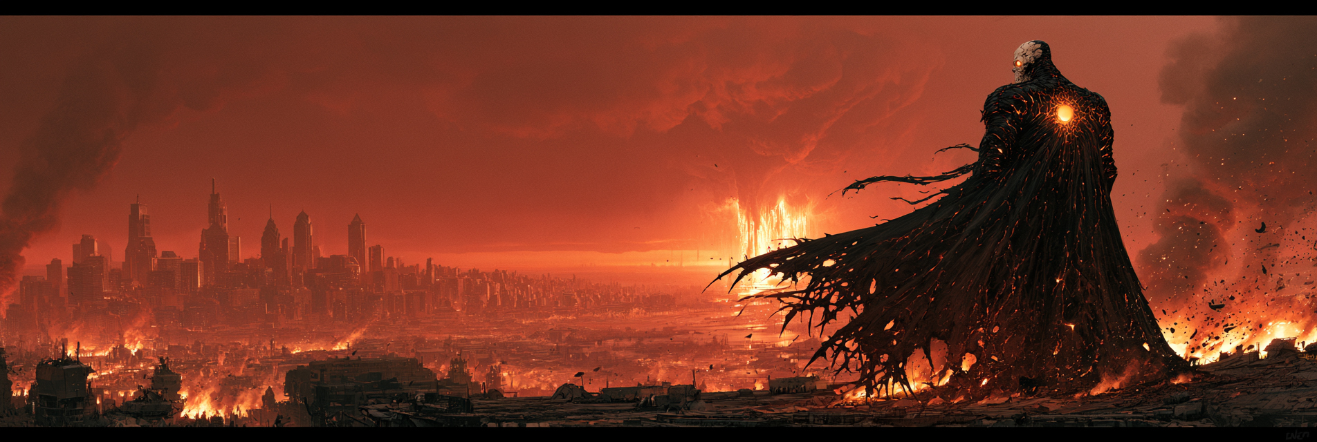 A giant dark creature with glowing orange eyes and a glowing orb on its chest towers over a city in ruins with fires burning and smoke rising, against a fiery orange sky with dark clouds and an explosion in the distance.