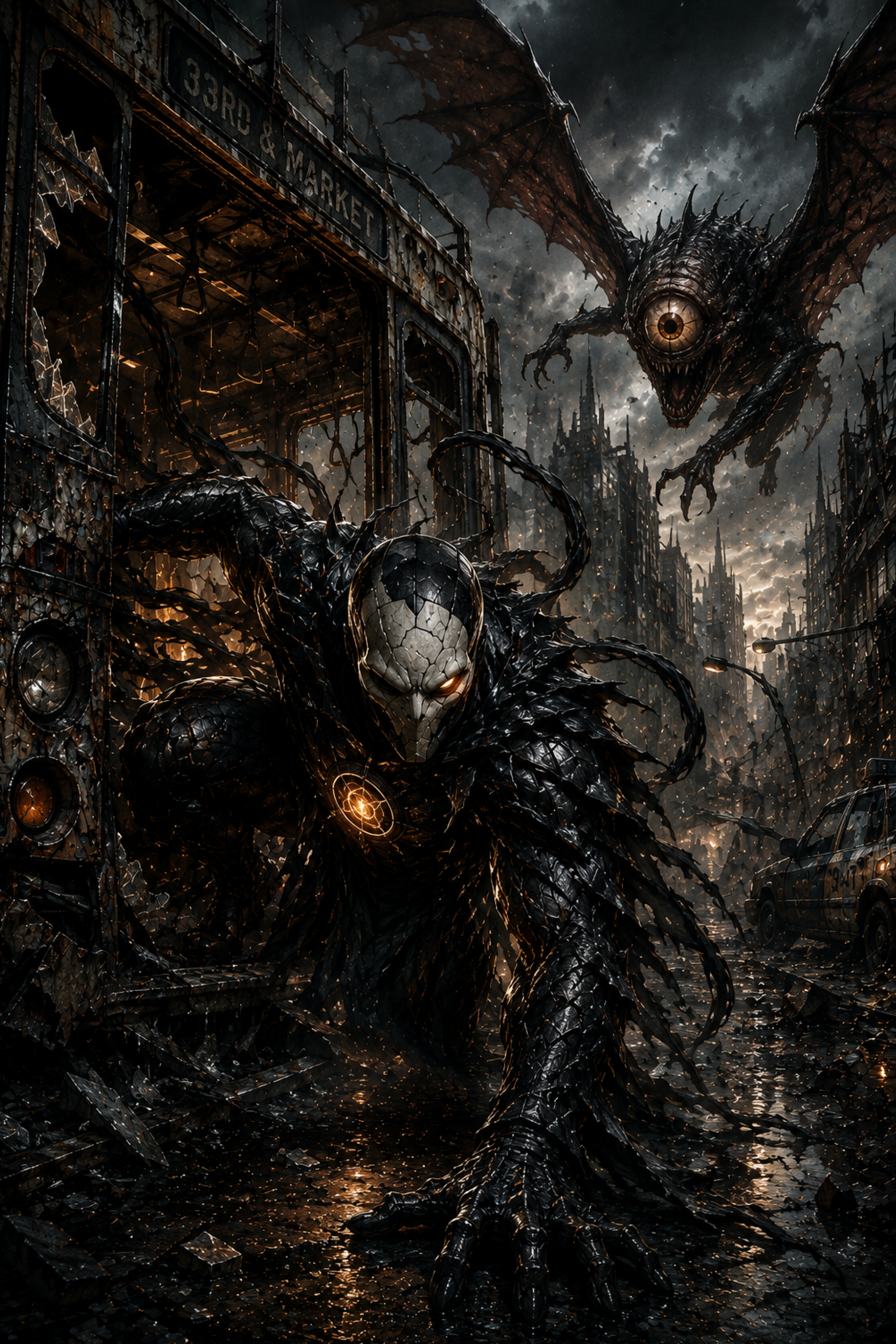 A dark, dystopian city street with ruined buildings and broken vehicles. A giant, menacing creature with a single large eye, black shiny scales, and bat-like wings hovers above the street. A humanoid figure with a skull-like face and black, jagged armor stands in the foreground, appearing to face the creature.