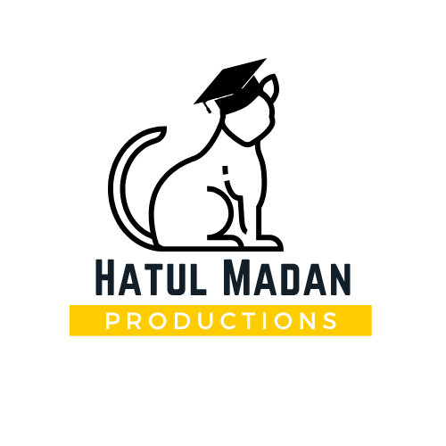 Logo for Hatul Madan Productions with cat in an academic hat