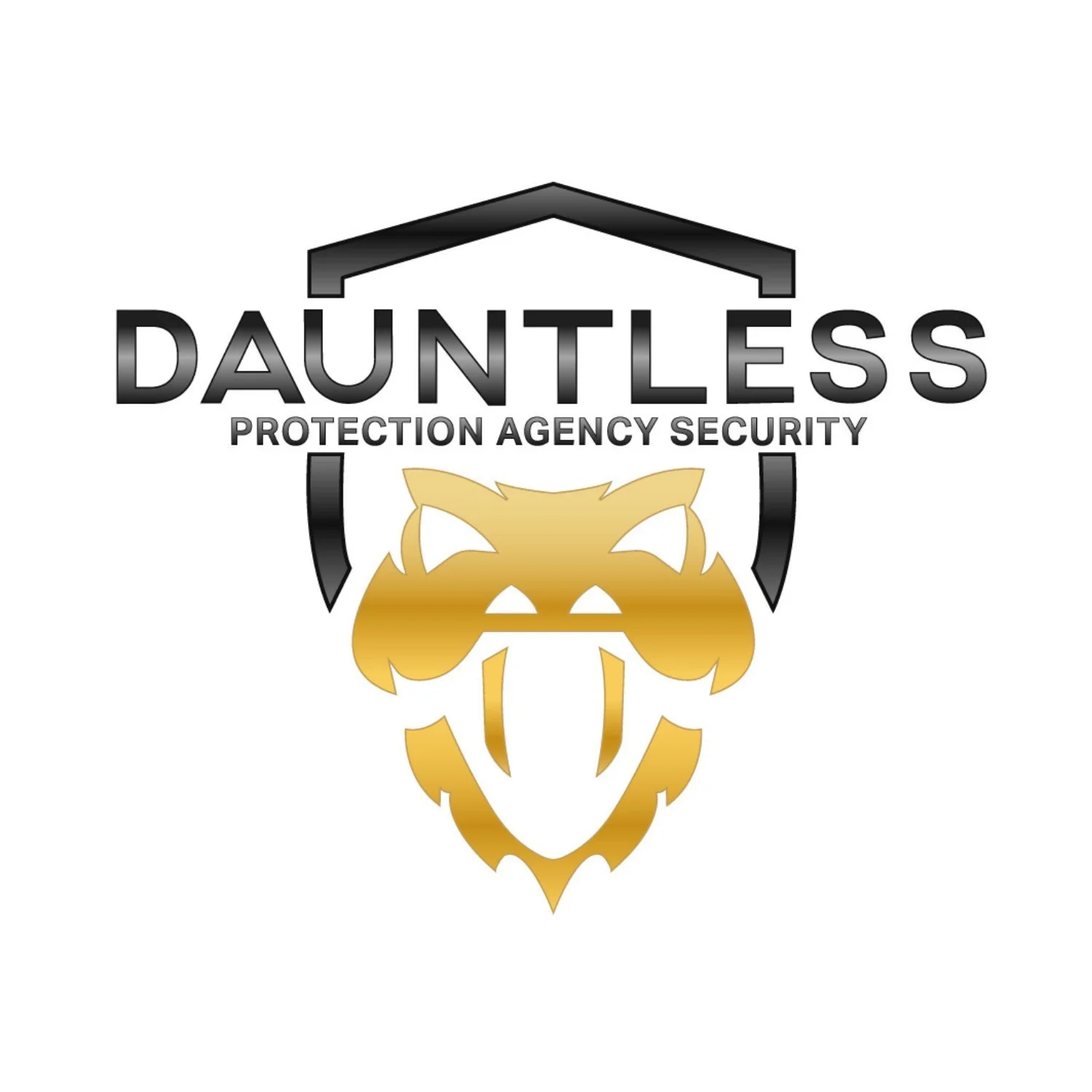 Logo for Dauntless Protection Agency Security featuring a stylized lion's head in gold and black with a shield outline and text.