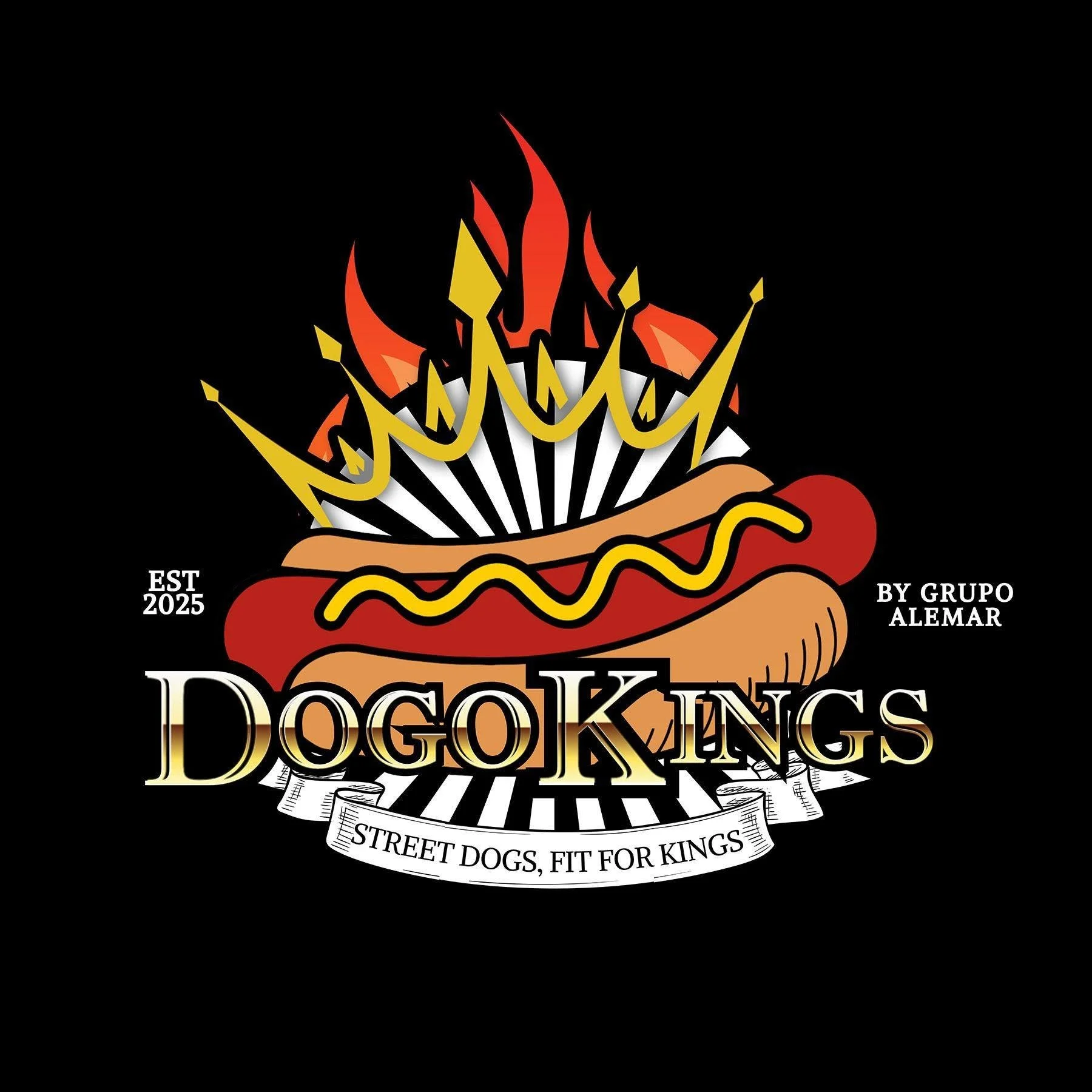 Logo for Dogokings featuring a stylized hot dog with flames and a crown, with text  'EST 2025 BY GRUPO ALEMAR' and slogan 'Street Dogs, Fit for Kings'.