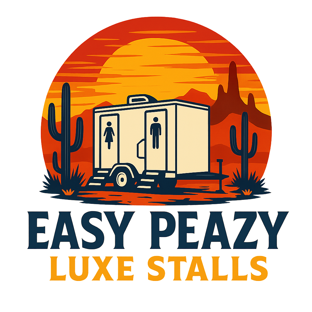 Logo with a desert scene showing cacti, mountains, and a setting sun, featuring a luxury trailer with two doors and amenities, and the text 'EASY PEAZY LUXE STALLS' underneath.