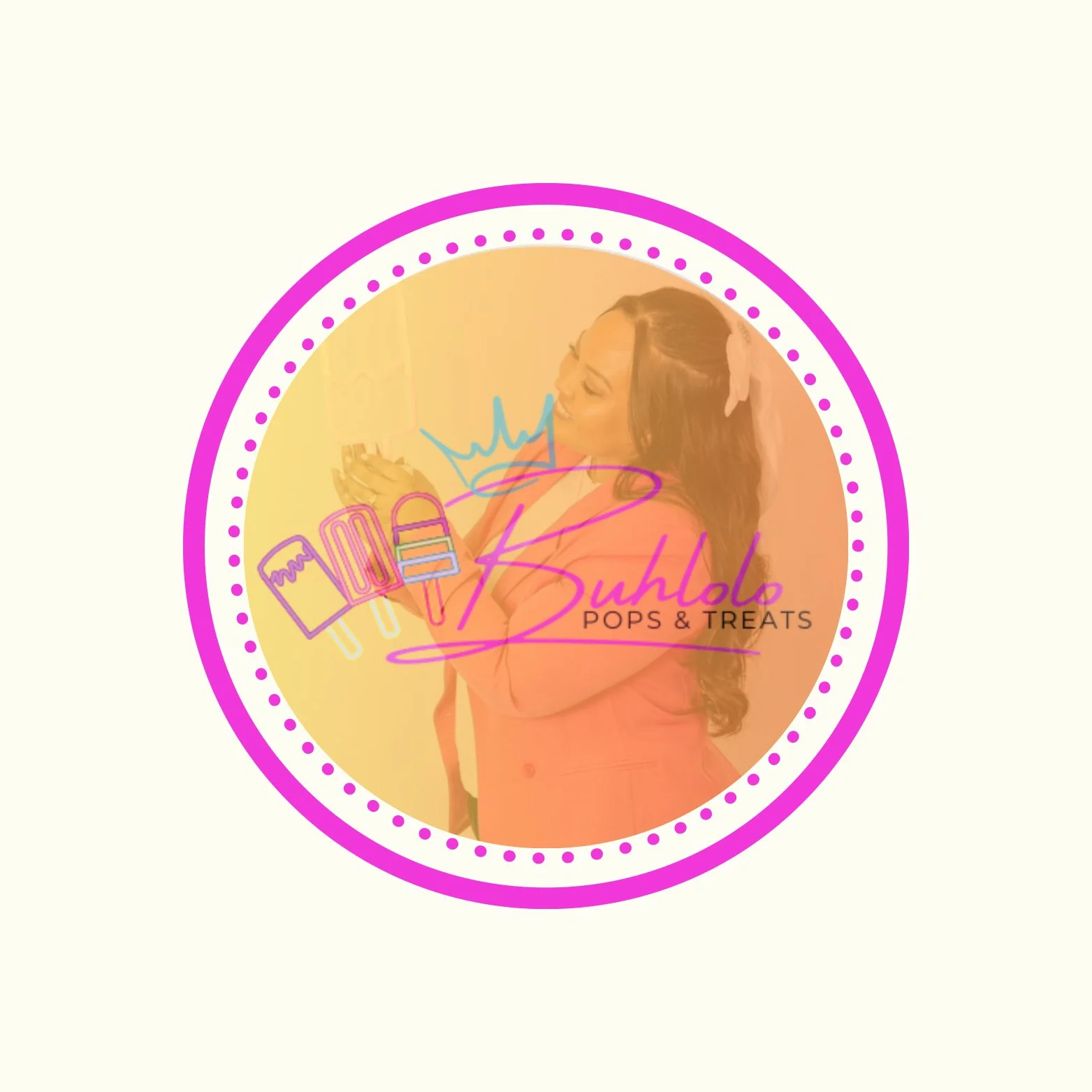 A woman smiling and looking at her phone, with a pastel pink blazer and a hair bow. The logo for 'Buhlo's Pops & Treats' features illustrated popsicles, a crown symbol, and stylized text.