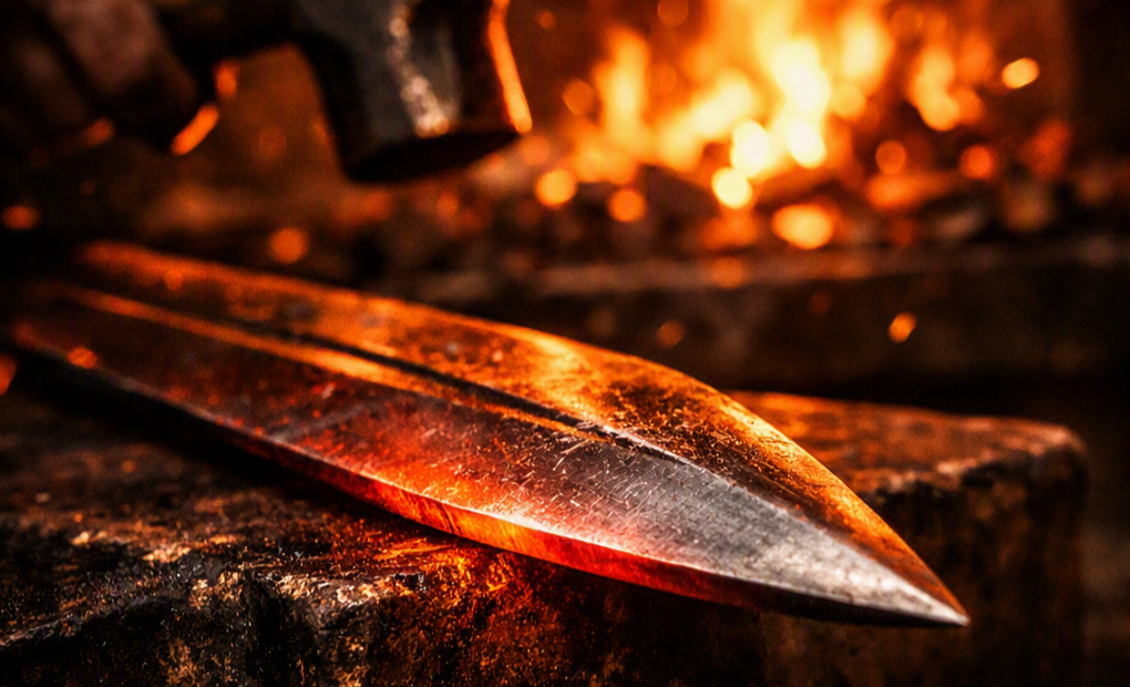 A blacksmith's forge with a glowing metal blade on an anvil and a fiery forge in the background.