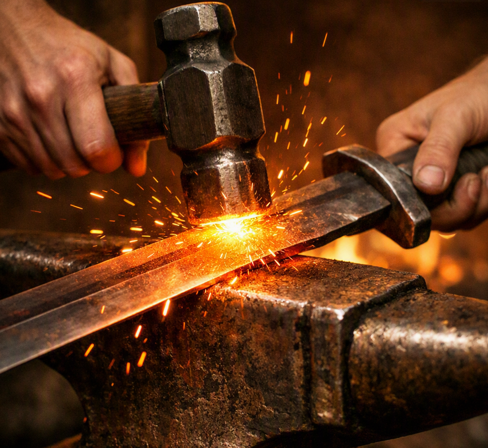 A person hammering a heated metal piece on an anvil, with sparks flying from the impact.
