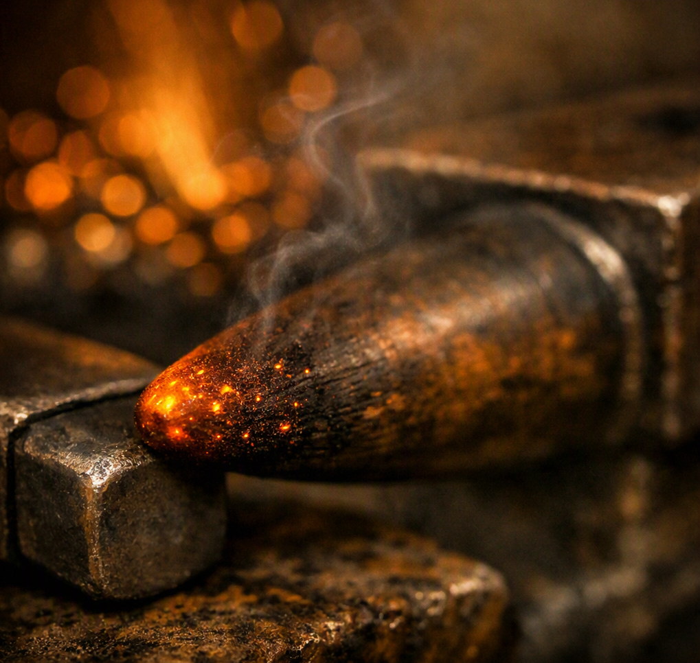 Close-up of a glowing hot metal object on a forge for blacksmithing, with sparks and smoke.