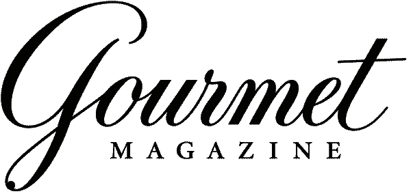 Gourmet Magazine logo in black and white with elegant script and serif fonts.