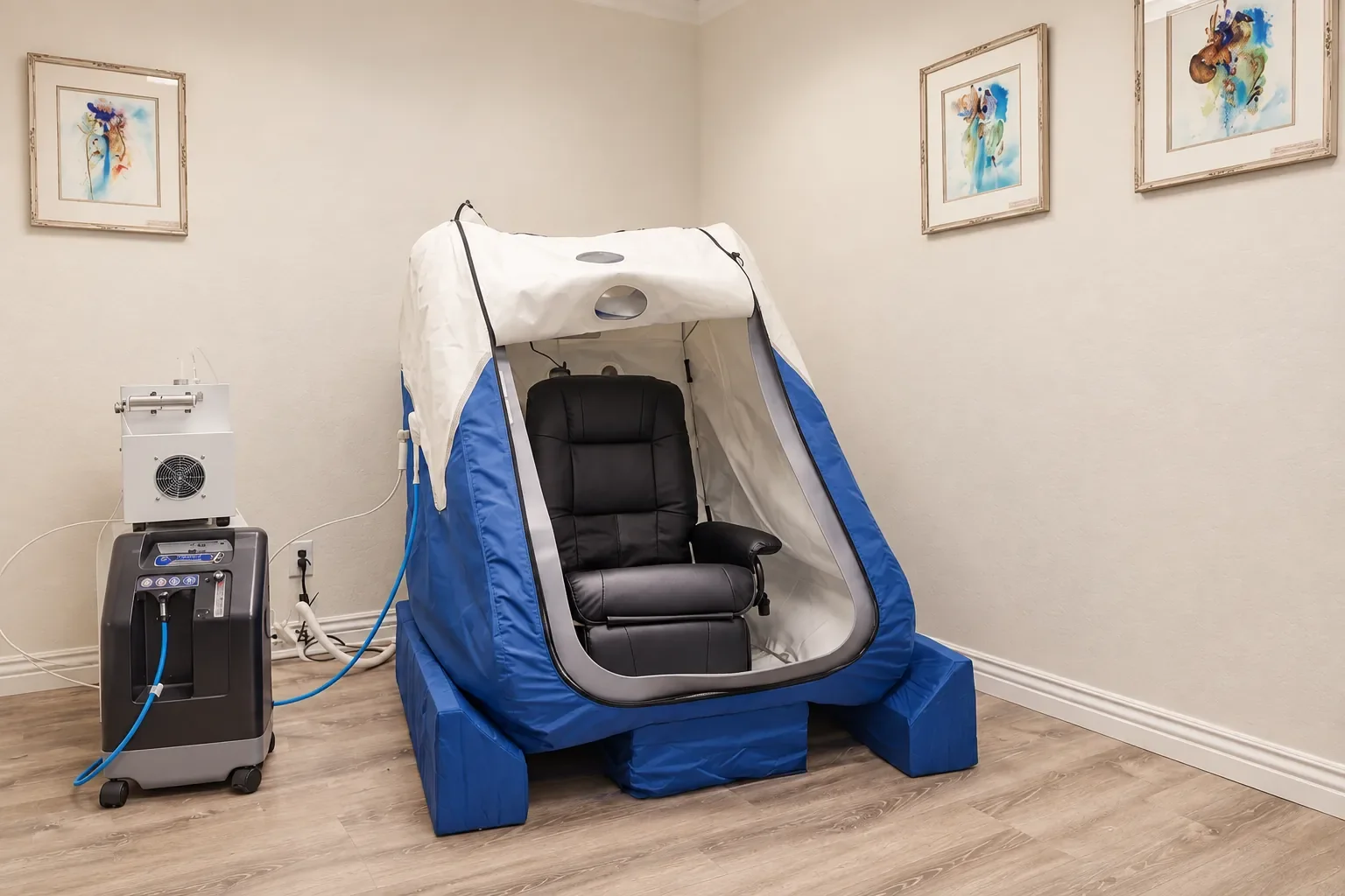Soft-sided hyperbaric chamber with a reclining chair at SoRay Hyperbarics in San Jose.