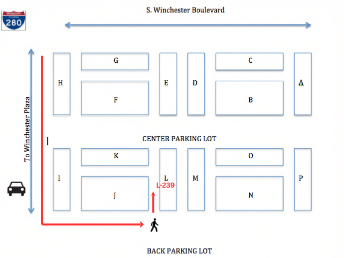 A parking lot map showing sections labeled A through P, with streets named S. Winchester Boulevard and I. Winchester Plaza. Directions to Winchester Plaza are indicated on the left, and a car icon shows the entrance. A person icon marks the main entrance from the back parking lot, with an arrow pointing toward section L, which is labeled L-239.