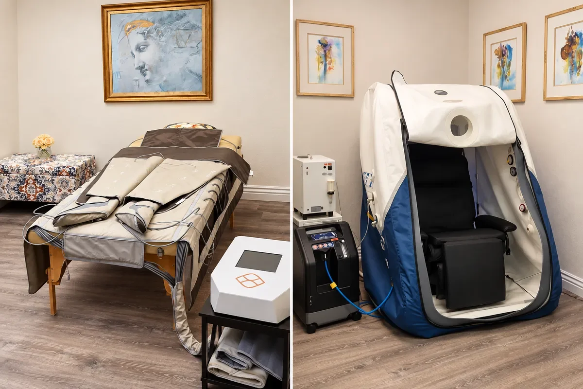 Side-by-side views of the Flowpresso treatment room and soft-sided hyperbaric chamber.