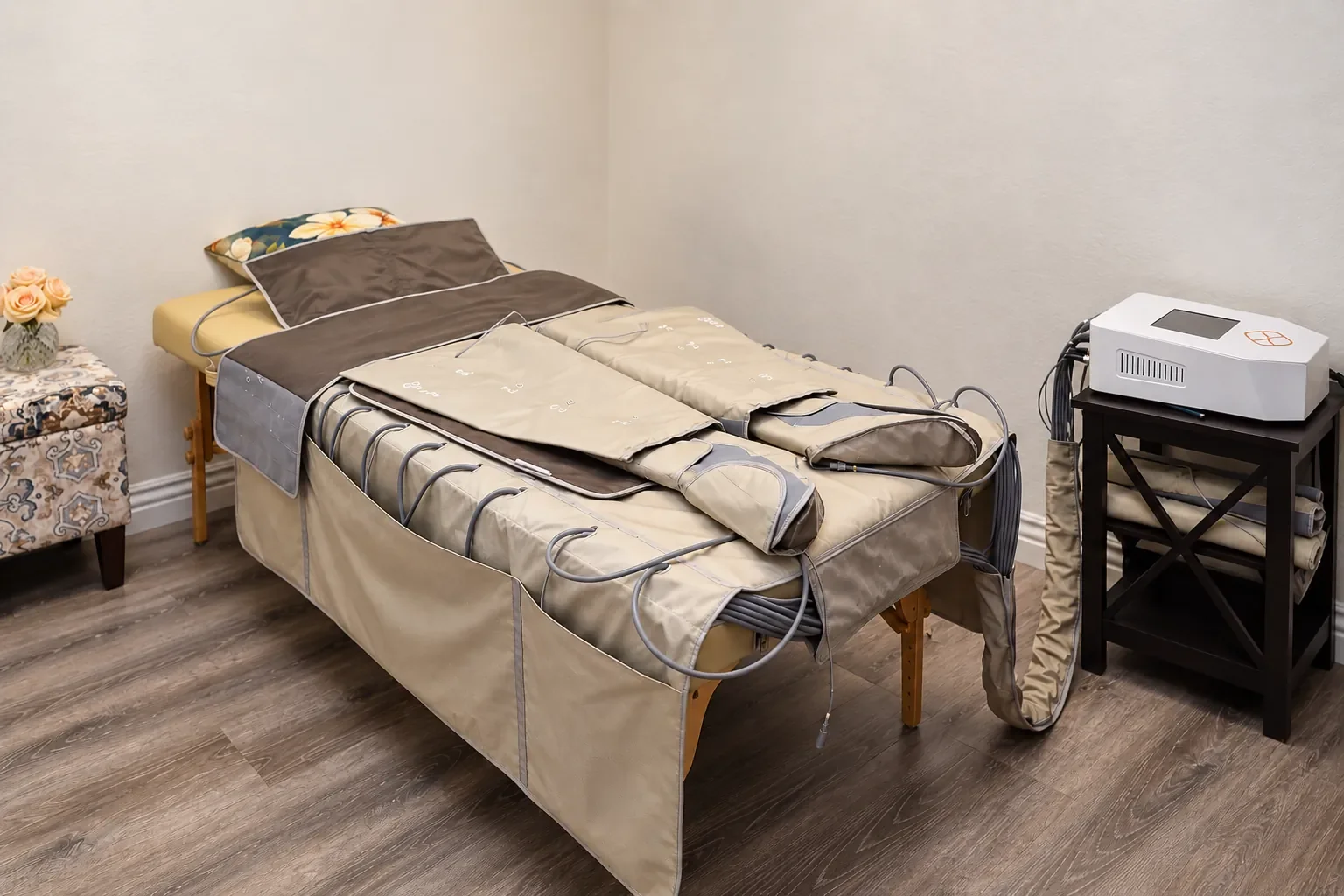 Flowpresso compression suit laid out on a treatment table at SoRay Hyperbarics.